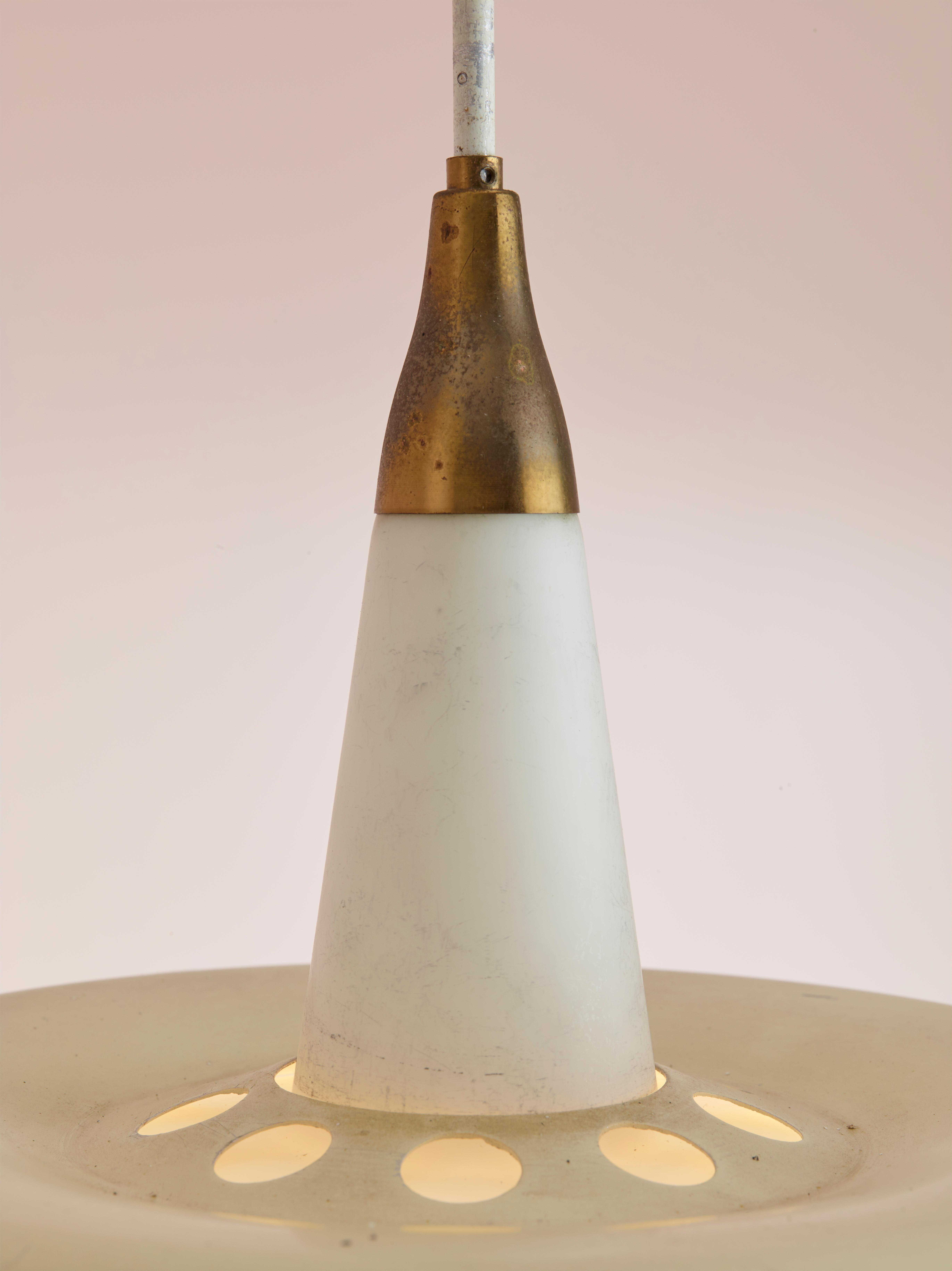 Mid-Century Modern Stilnovo Midcentury Pendant Light Made of Opal Glass, Brass & Metal, Italy 1950s For Sale