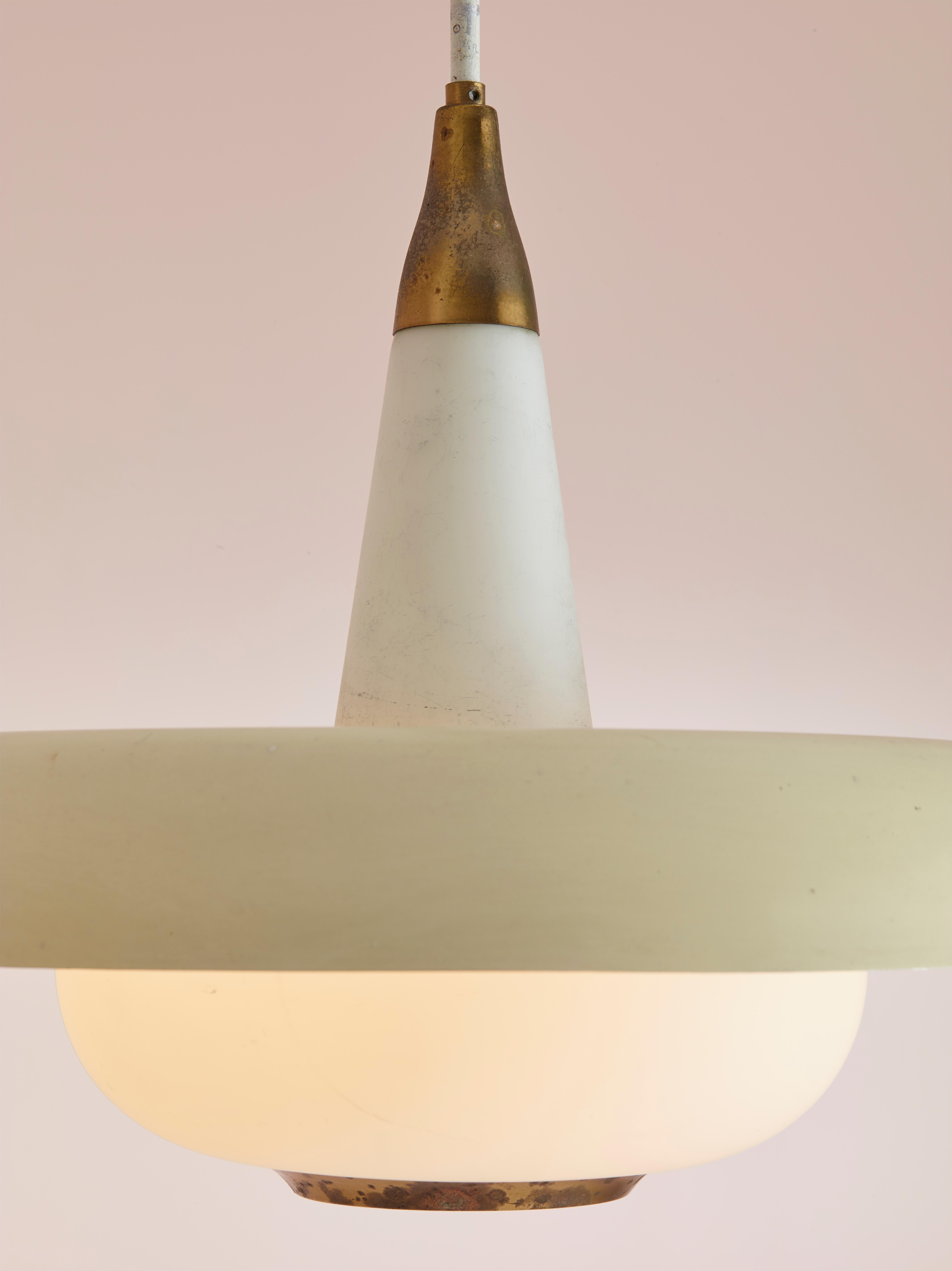 Mid-20th Century Stilnovo Midcentury Pendant Light Made of Opal Glass, Brass & Metal, Italy 1950s For Sale