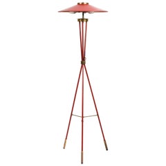 Stilnovo Midcentury Red Iron and Brass Italian "Tripod" Floor Lamp, 1950s