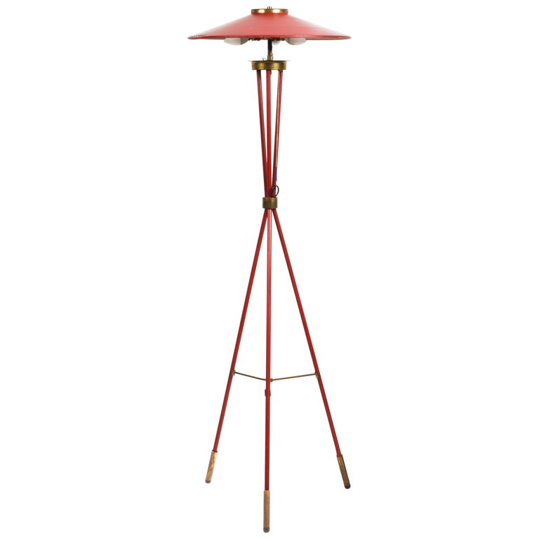 Stilnovo Midcentury Red Iron and Brass Italian "Tripod" Floor Lamp ...