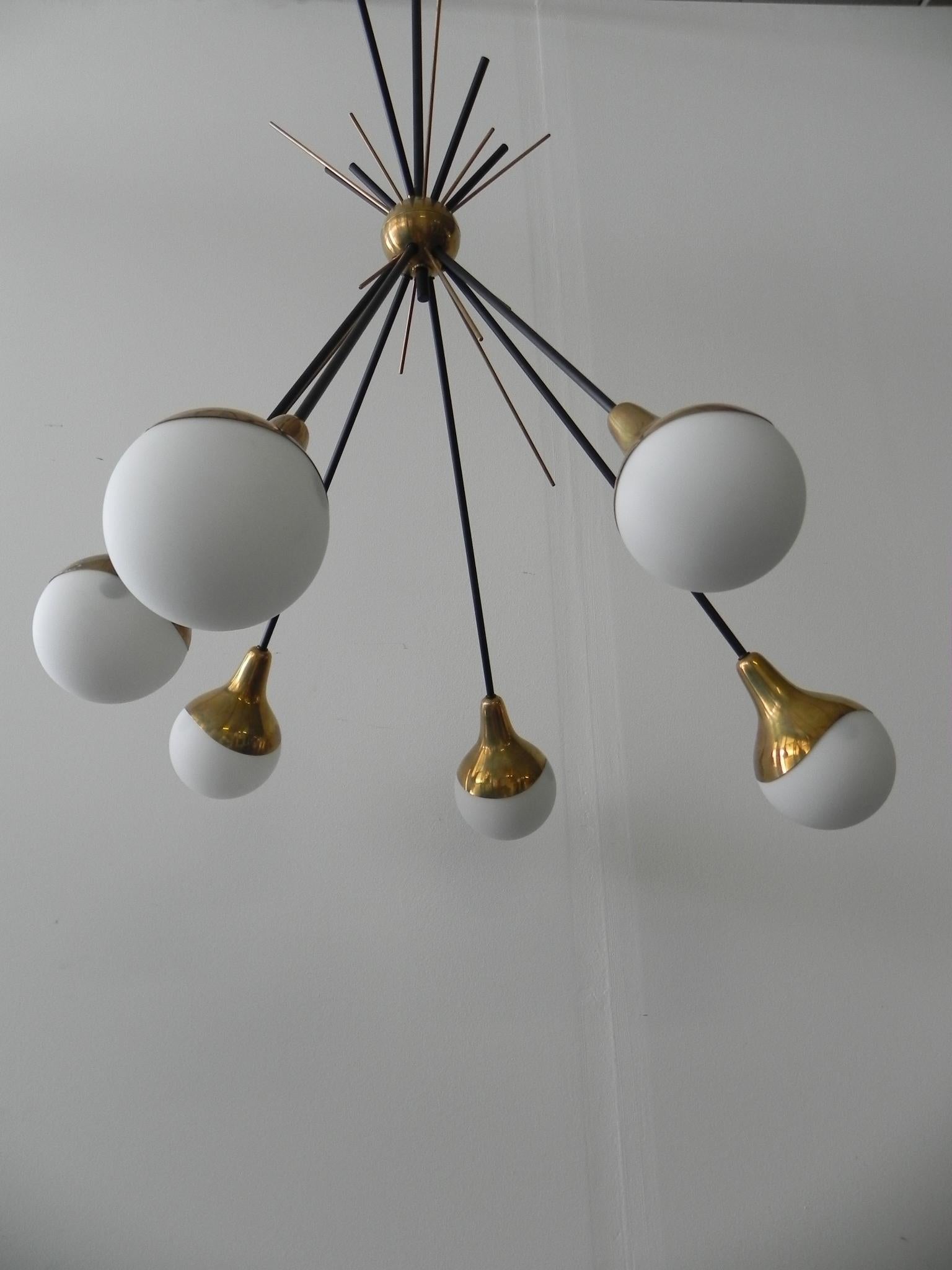 Fantastic Stilnovo midcentury six-arm brass white glass opaline globe Italian chandelier, 1960.