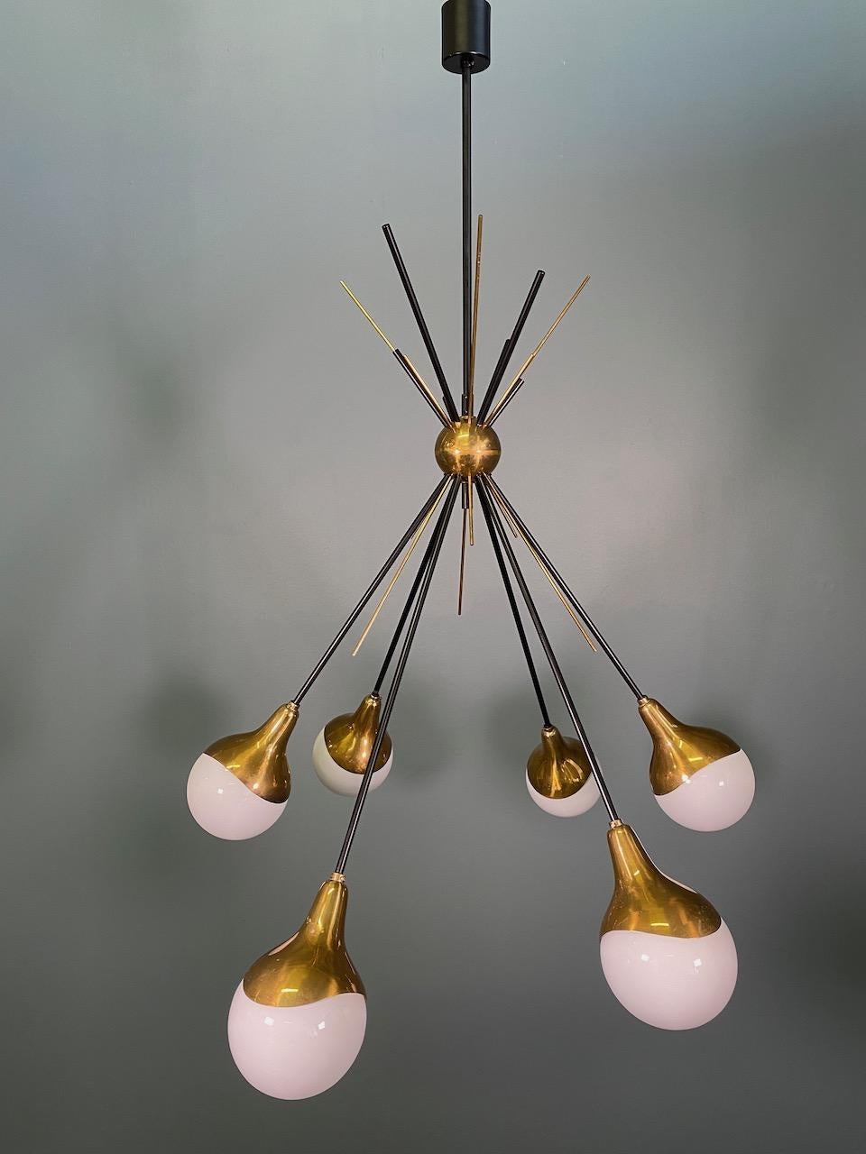 Fantastic Stilnovo midcentury six-arm brass white glass opaline globe Italian chandelier, 1960.