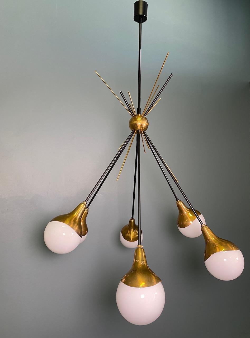 Mid-Century Modern Stilnovo Midcentury Six-Arm Brass Italian Chandelier, 1960