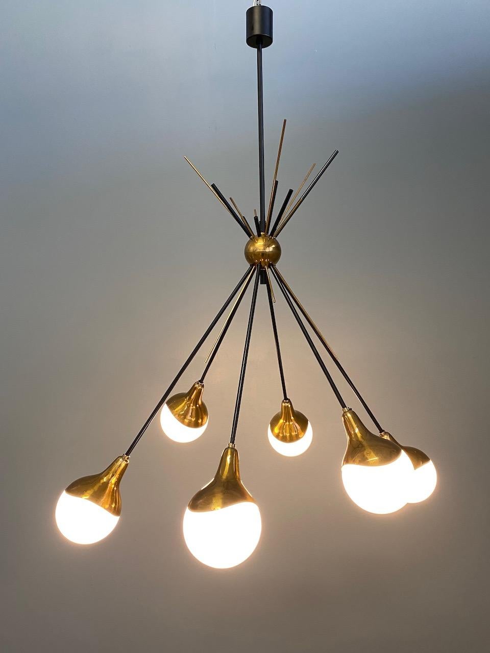 Stilnovo Midcentury Six-Arm Brass Italian Chandelier, 1960 2