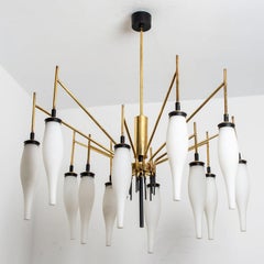 Stilnovo Milkglass and Brass Chandelier, Italy, 1960s