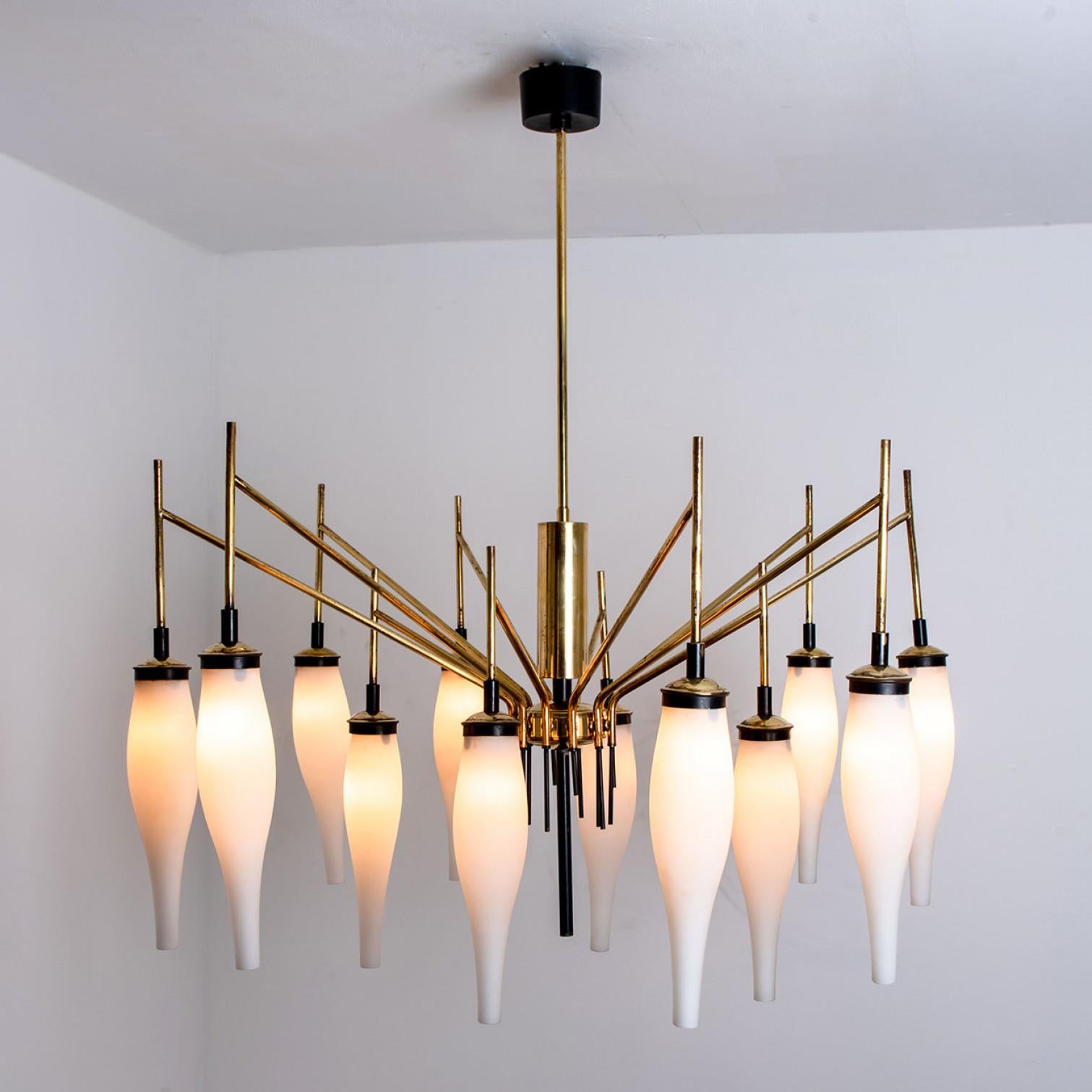 Other Stilnovo Milkglass and Brass Chandelier, Italy, 1960s For Sale