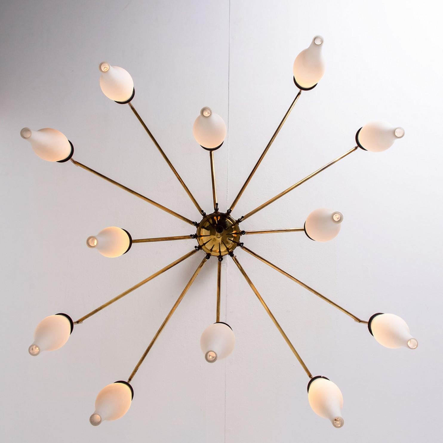 Mid-20th Century Stilnovo Milkglass and Brass Chandelier, Italy, 1960s For Sale