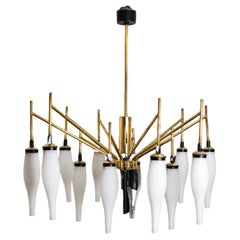 Stilnovo Milkglass and Brass Chandelier, Italy, 1960s