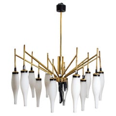 Used Stilnovo Milkglass and Brass Chandelier, Italy, 1960s