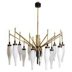 Stilnovo Milkglass and Brass Chandelier, Italy, 1960s