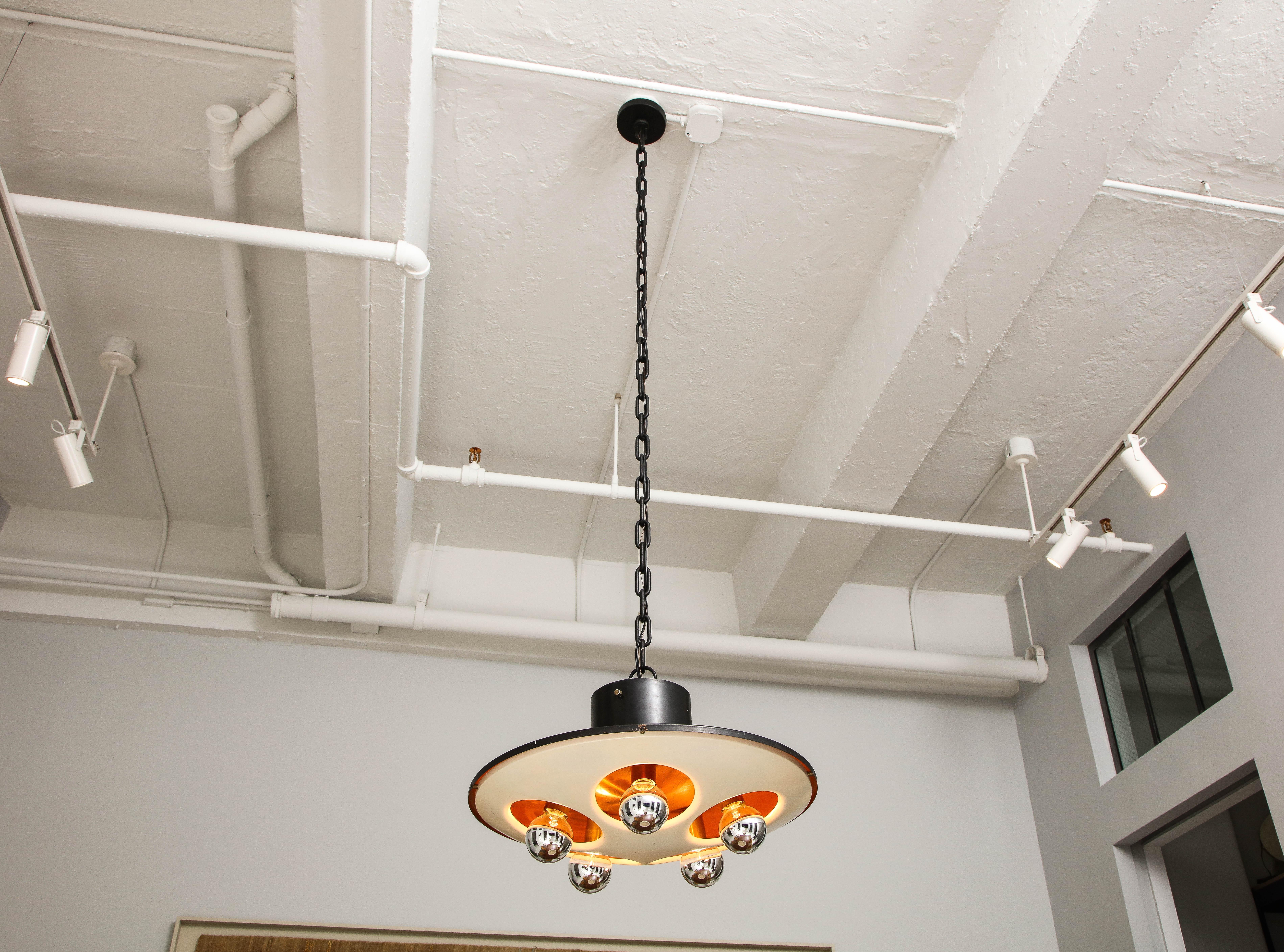 Exceptional Stilnovo model 1243 flush mount ceiling pendant in great vintage condition. 

Italian Mid-Century Modern circa 1960's.

Rewired for the US with five candelabra bulbs, configured as a pendant on chain but can also be reworked as a