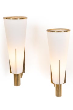 Stilnovo Model 2021/1 Brass & Glass Sconces, Italy, 1960s