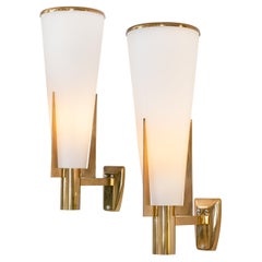 Stilnovo Model 2021/1 Brass & Glass Sconces, Italy, 1960s