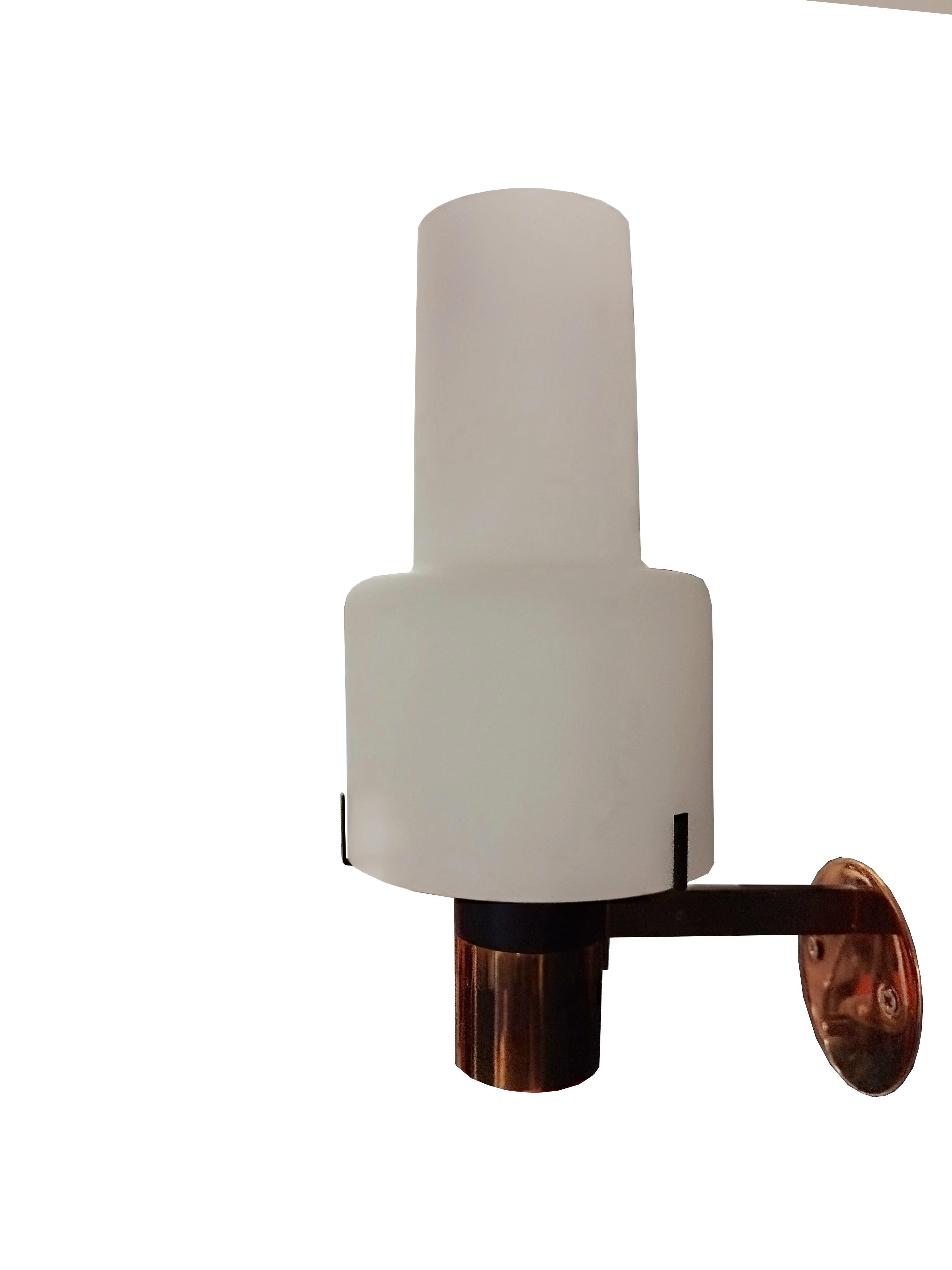 Large Stilnovo Model 2079/1 brass and opaline glass wall sconce from the 1950s. Executed in brass, painted metal, and thick blown opaline glass. A sculptural and refined design, characteristic of mid-century Italian lighting at its highest