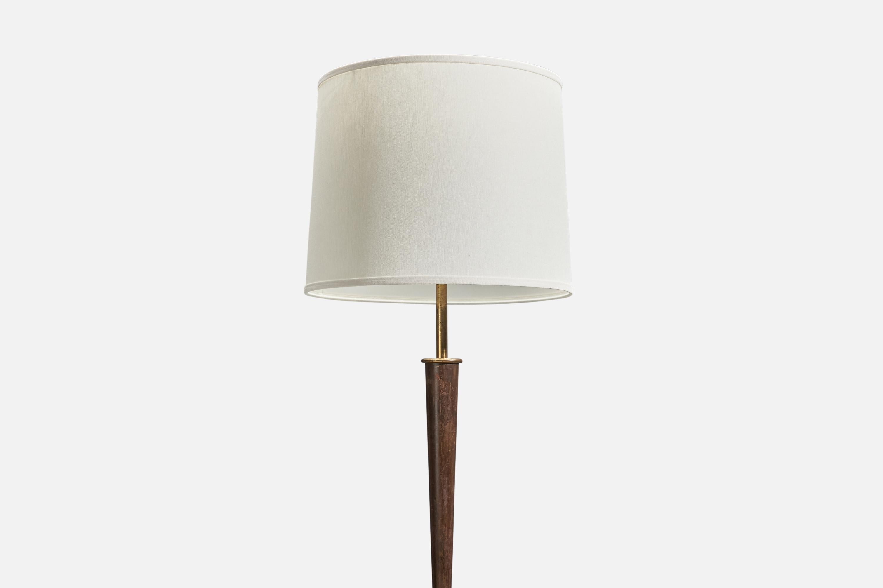 Italian Stilnovo, Floor Lamp, Brass, Stained Wood Marble, Fabric, Italy, 1950 For Sale