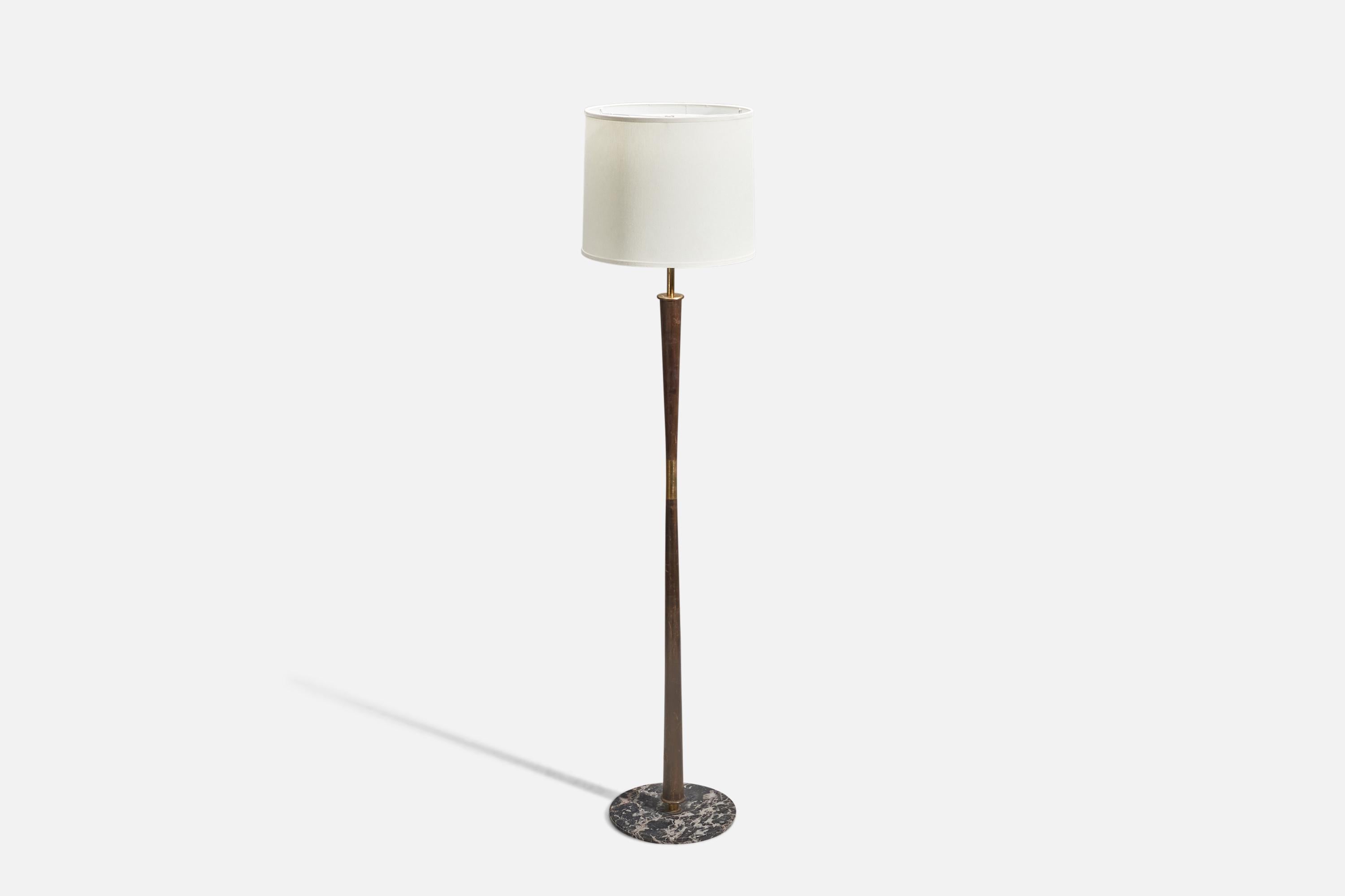 Stilnovo, Floor Lamp, Brass, Stained Wood Marble, Fabric, Italy, 1950 In Good Condition For Sale In High Point, NC