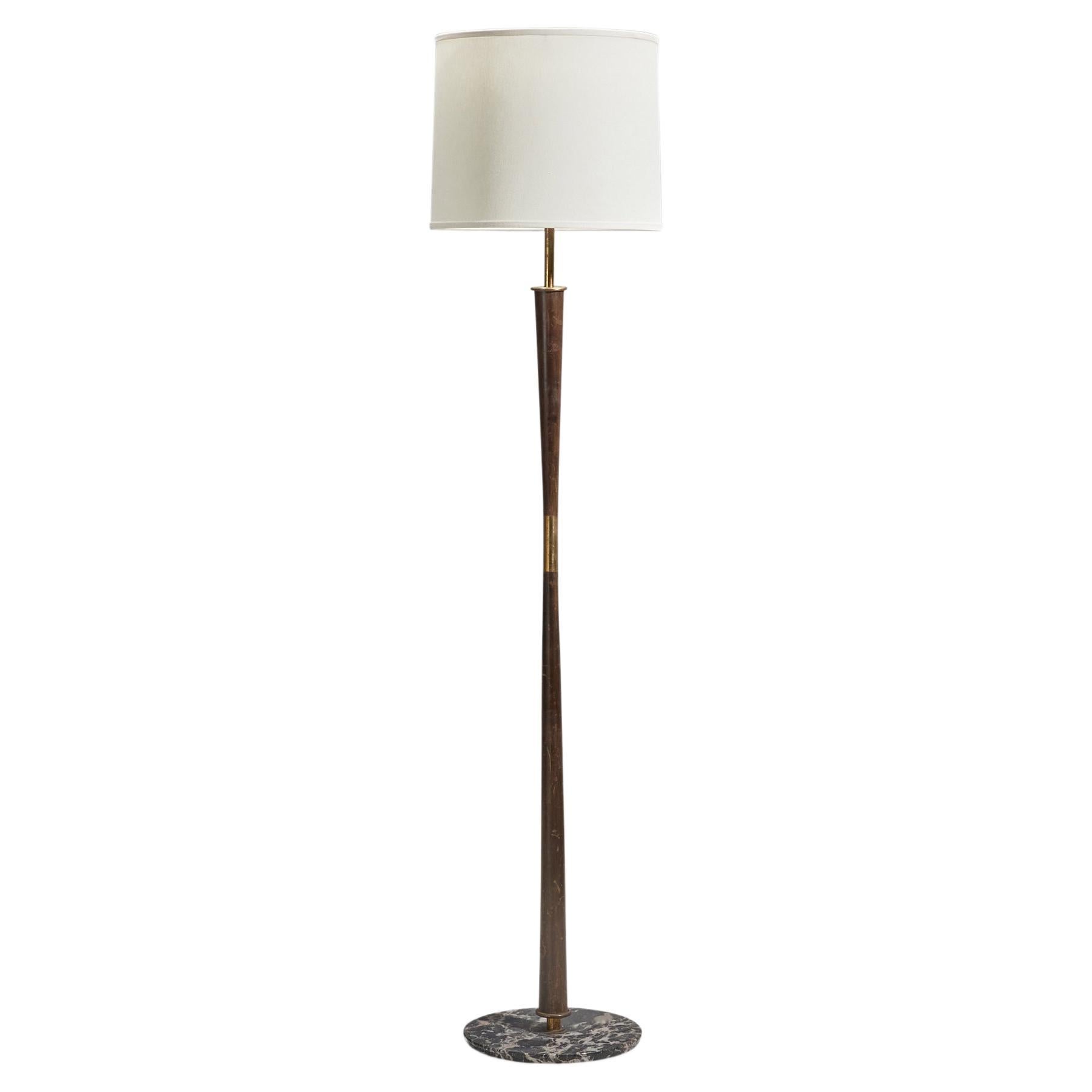 Stilnovo, Floor Lamp, Brass, Stained Wood Marble, Fabric, Italy, 1950 For Sale