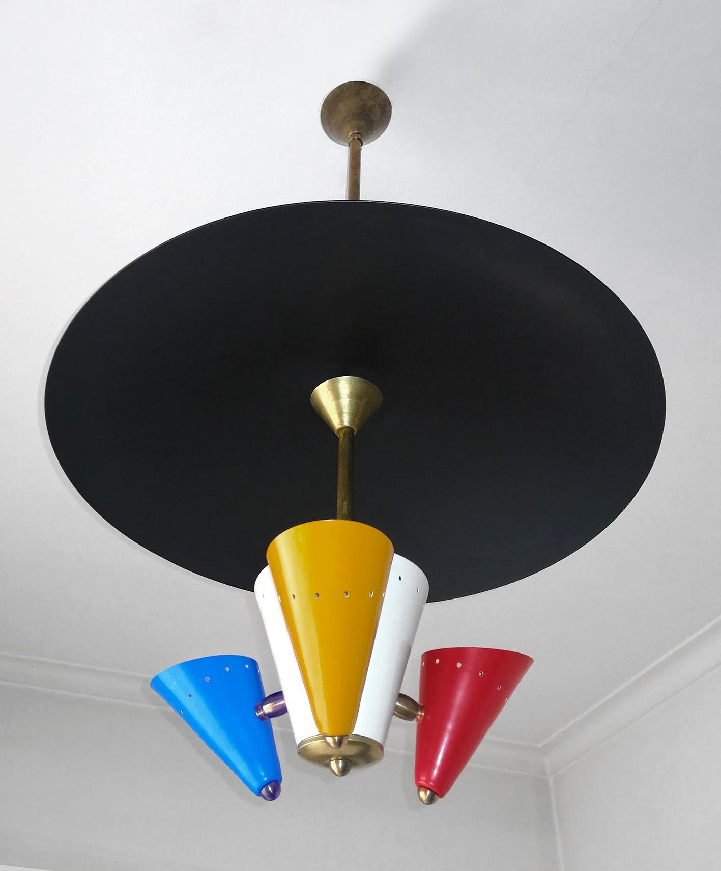 Mid-Century Modern Stilnovo Modernist Flying Saucer Sputnik Chandelier in Black, Red, Blue & Yellow For Sale
