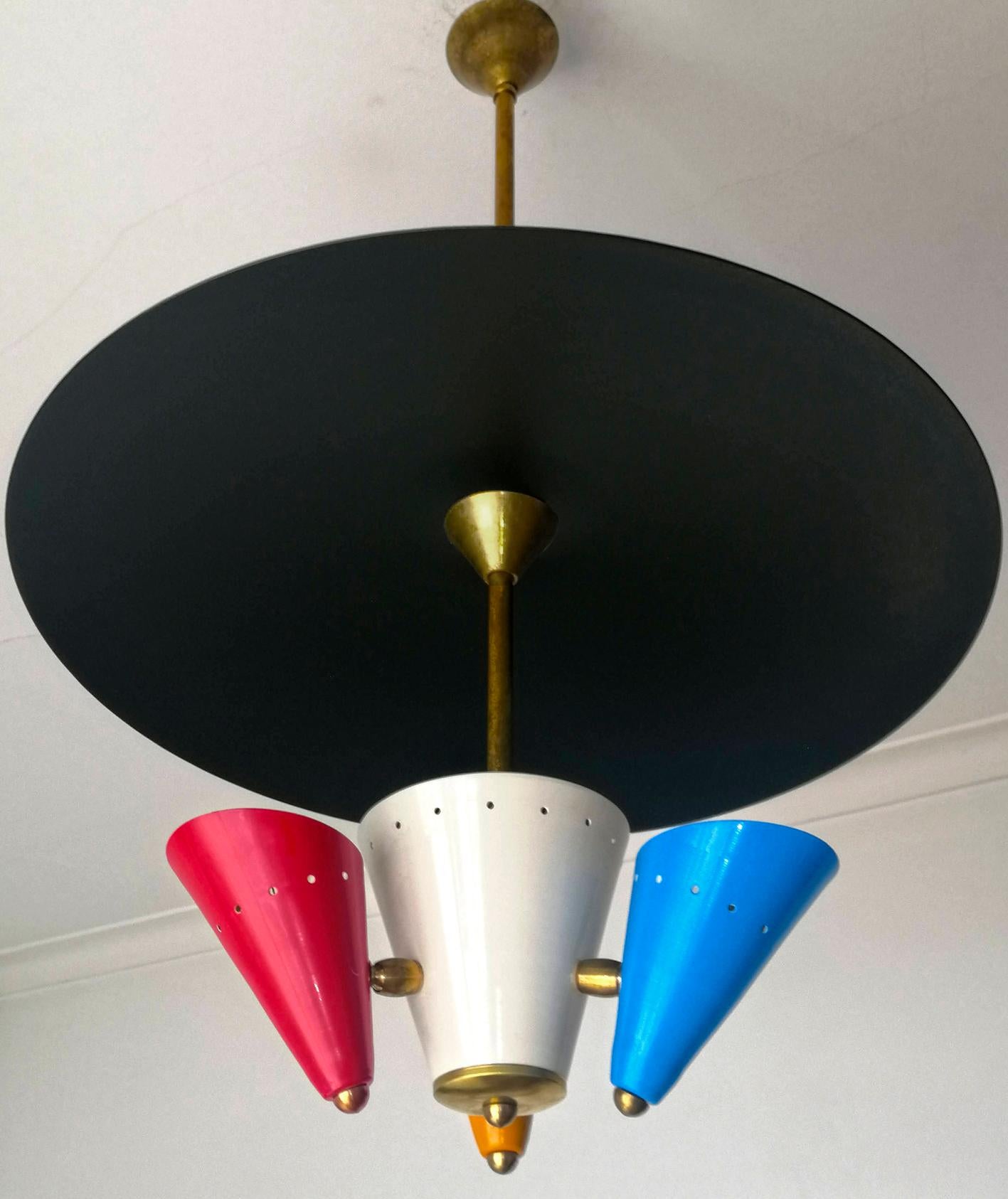 Gilt Stilnovo Modernist Flying Saucer Sputnik Chandelier in Black, Red, Blue & Yellow For Sale
