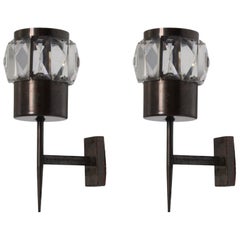 Vintage Stilnovo, Modernist Wall Lights, Faceted Glass Tiles Darkened Brass, Italy 1950s