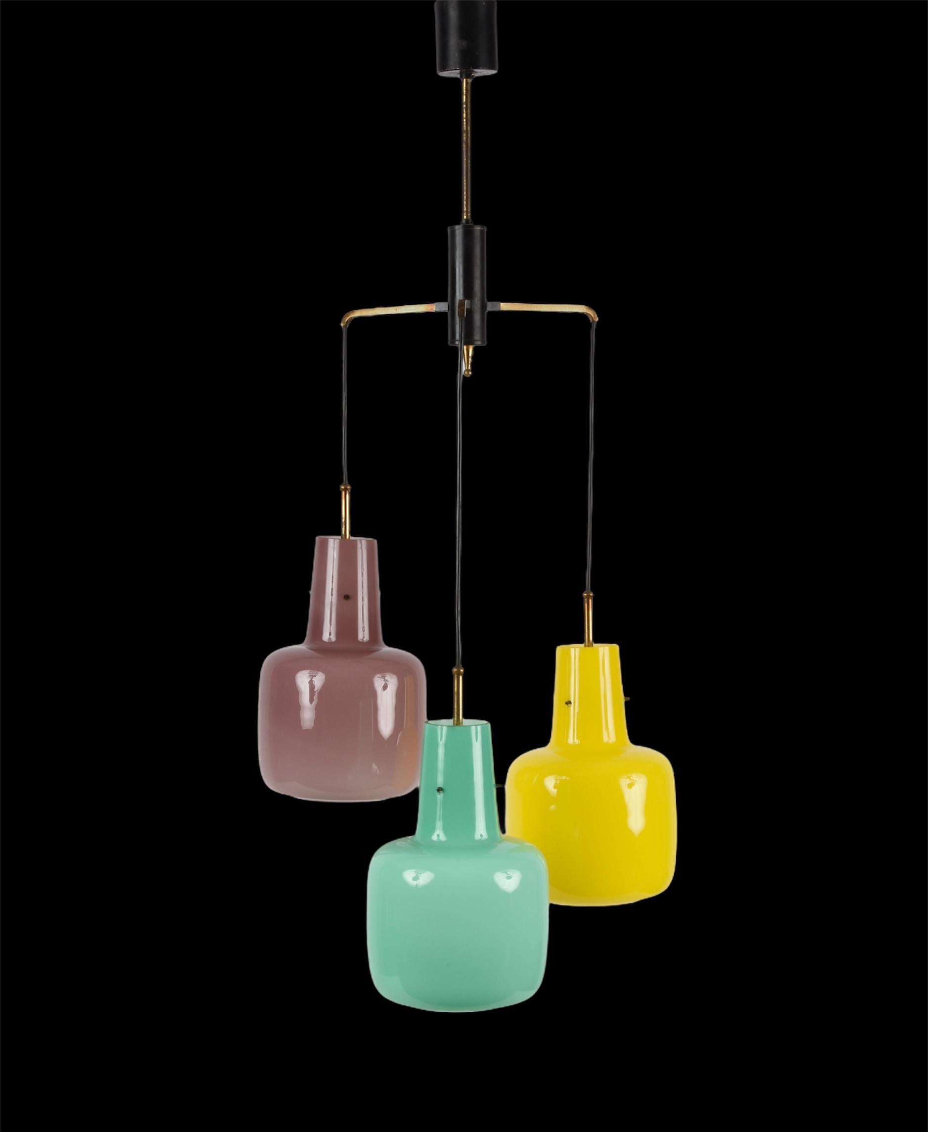Stilnovo Murano Glass Italian Chandelier with three Pendant Lights, 1950s For Sale 5