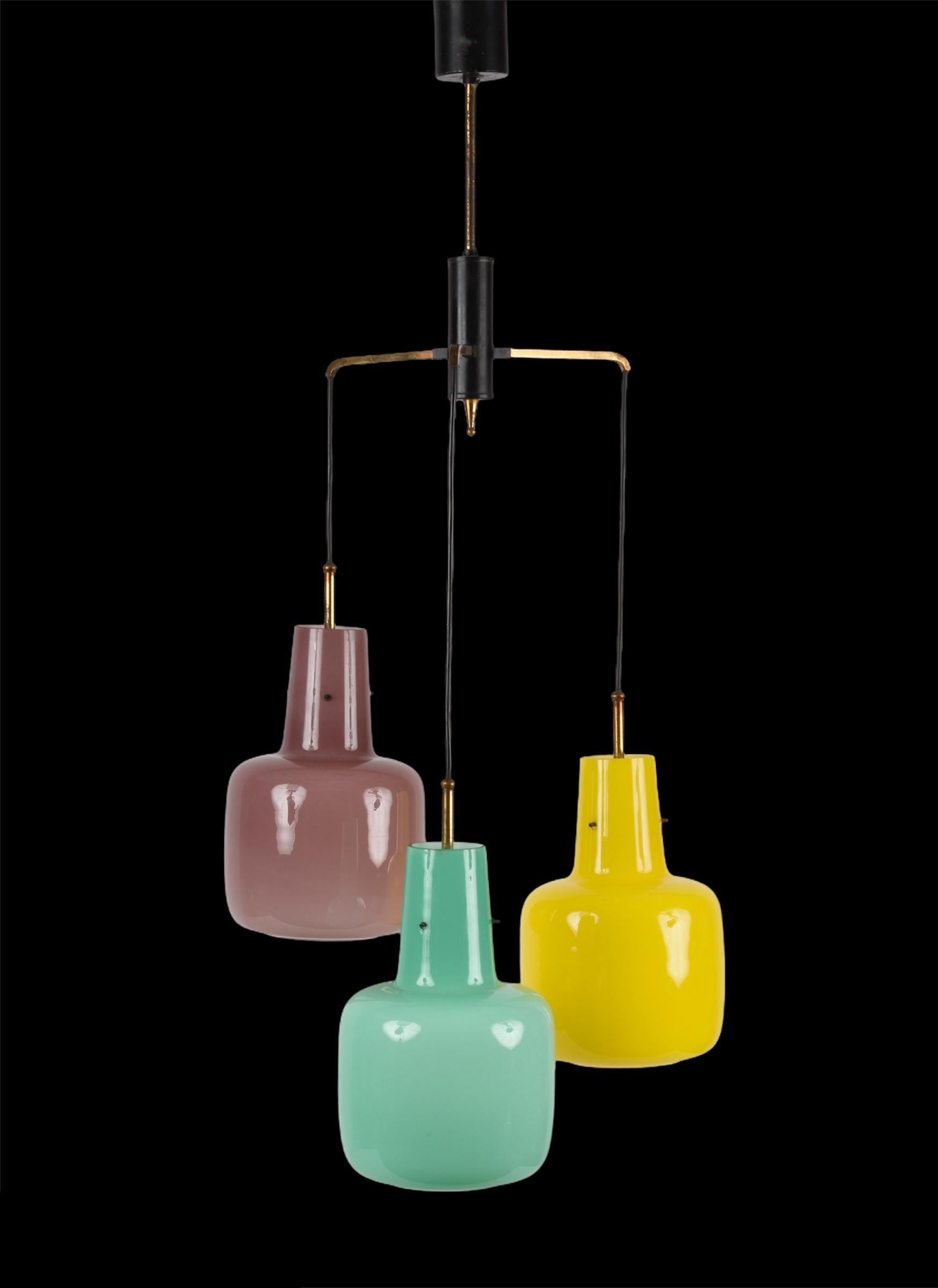 Mid-Century Modern Stilnovo Murano Glass Italian Chandelier with three Pendant Lights, 1950s For Sale