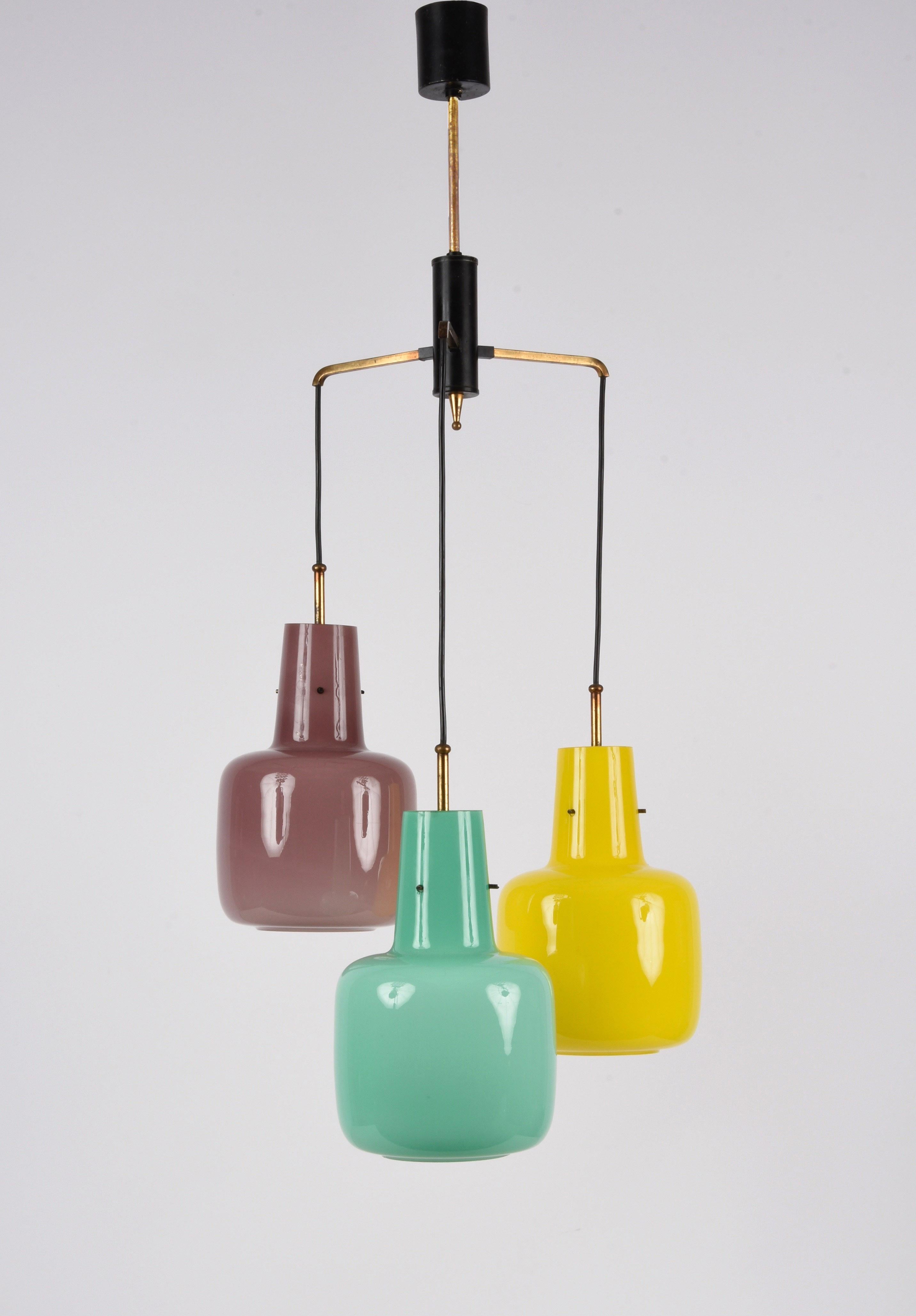 20th Century Stilnovo Murano Glass Italian Chandelier with three Pendant Lights, 1950s For Sale