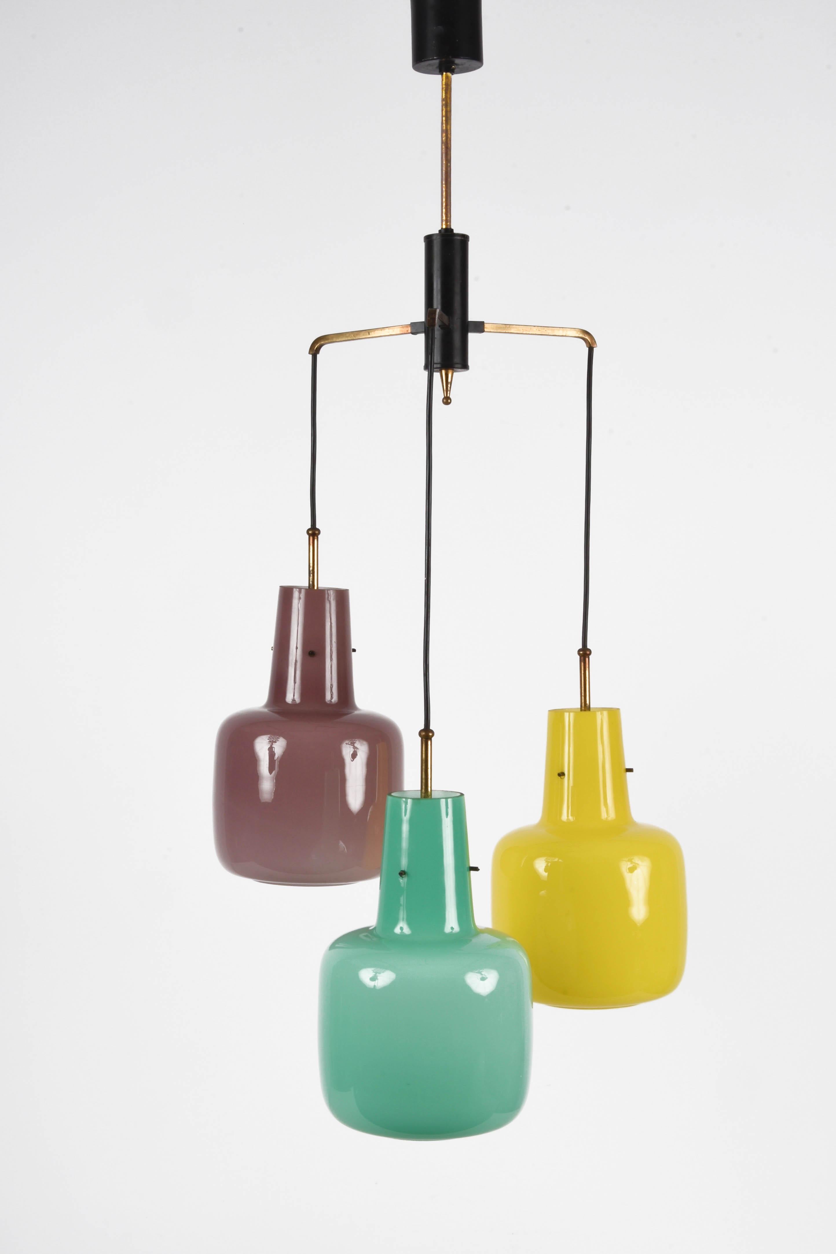 Stilnovo Murano Glass Italian Chandelier with three Pendant Lights, 1950s For Sale 1