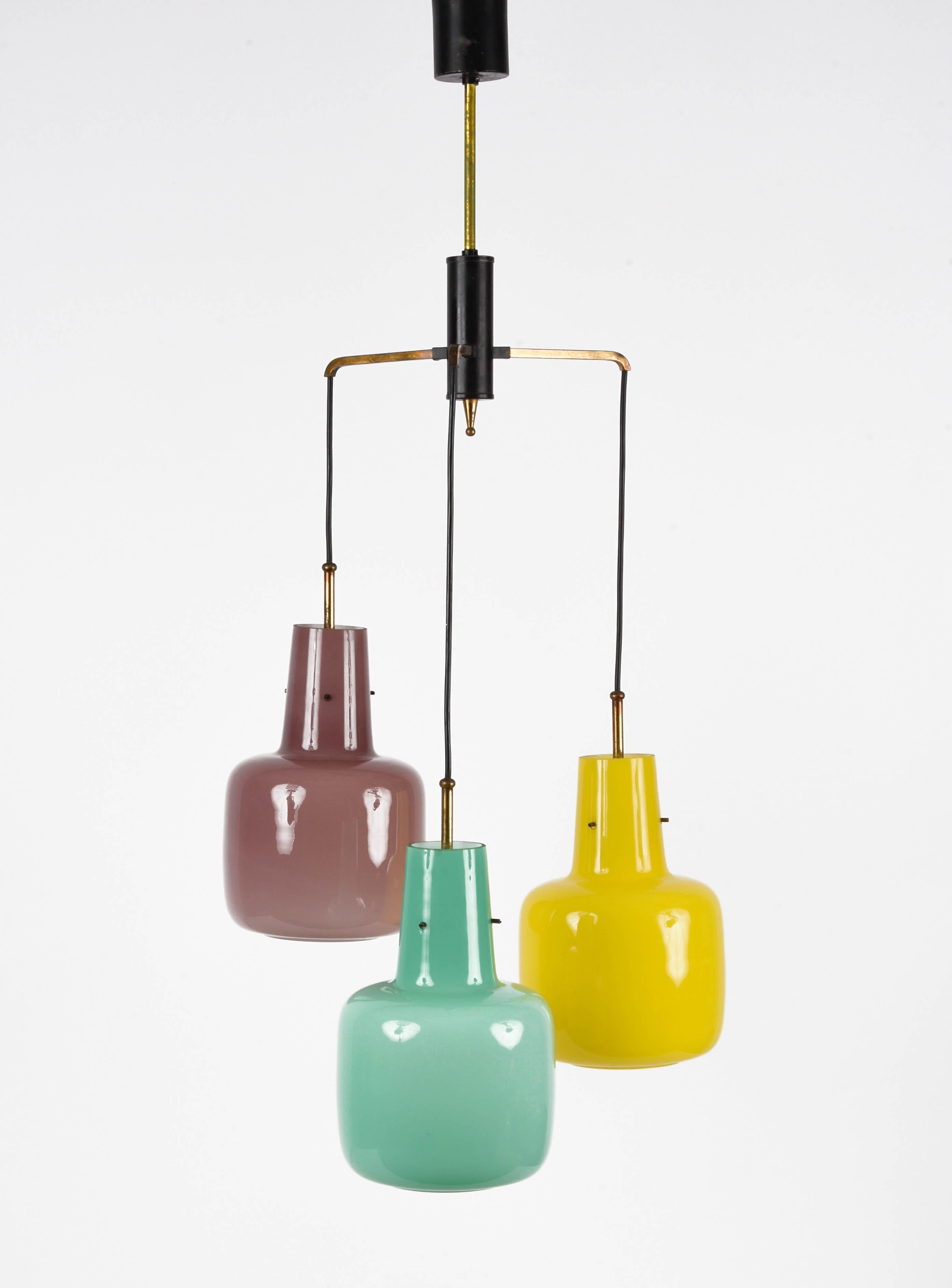 Stilnovo Murano Glass Italian Chandelier with three Pendant Lights, 1950s For Sale 3