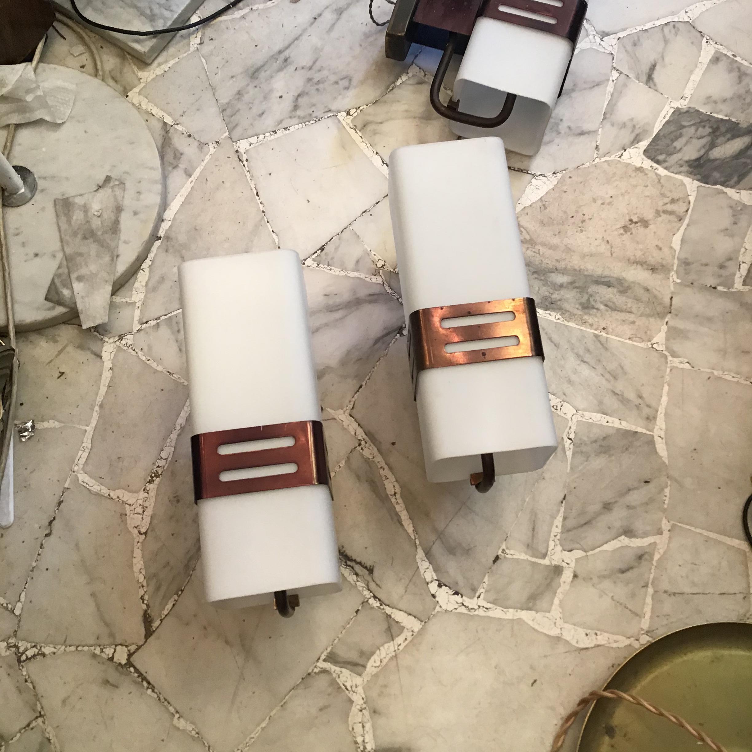 Italian Stilnovo  N 3 Sconces  Model 2126  Brass Opal Glass, 1960, Italy For Sale