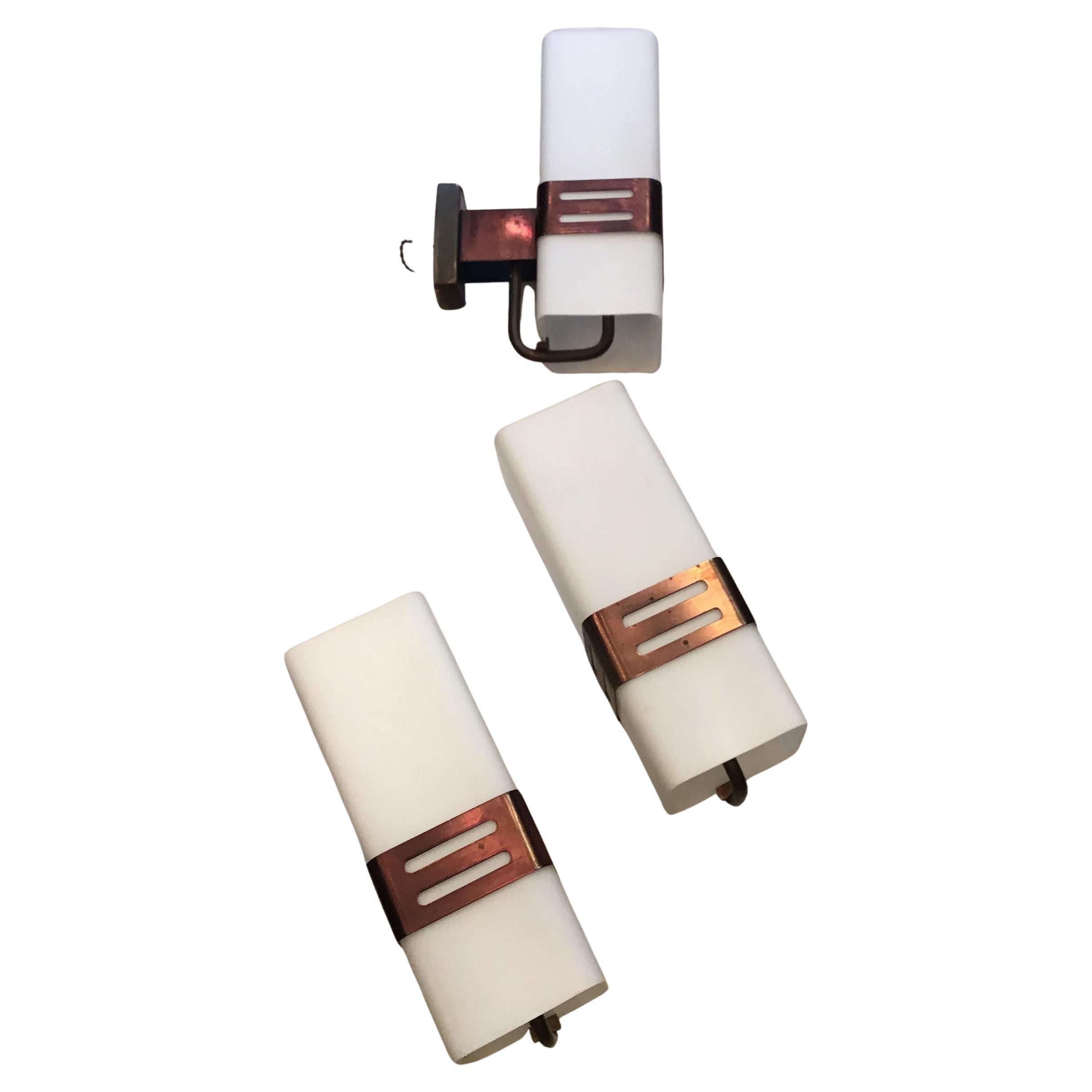 Stilnovo  N 3 Sconces  Model 2126  Brass Opal Glass, 1960, Italy For Sale