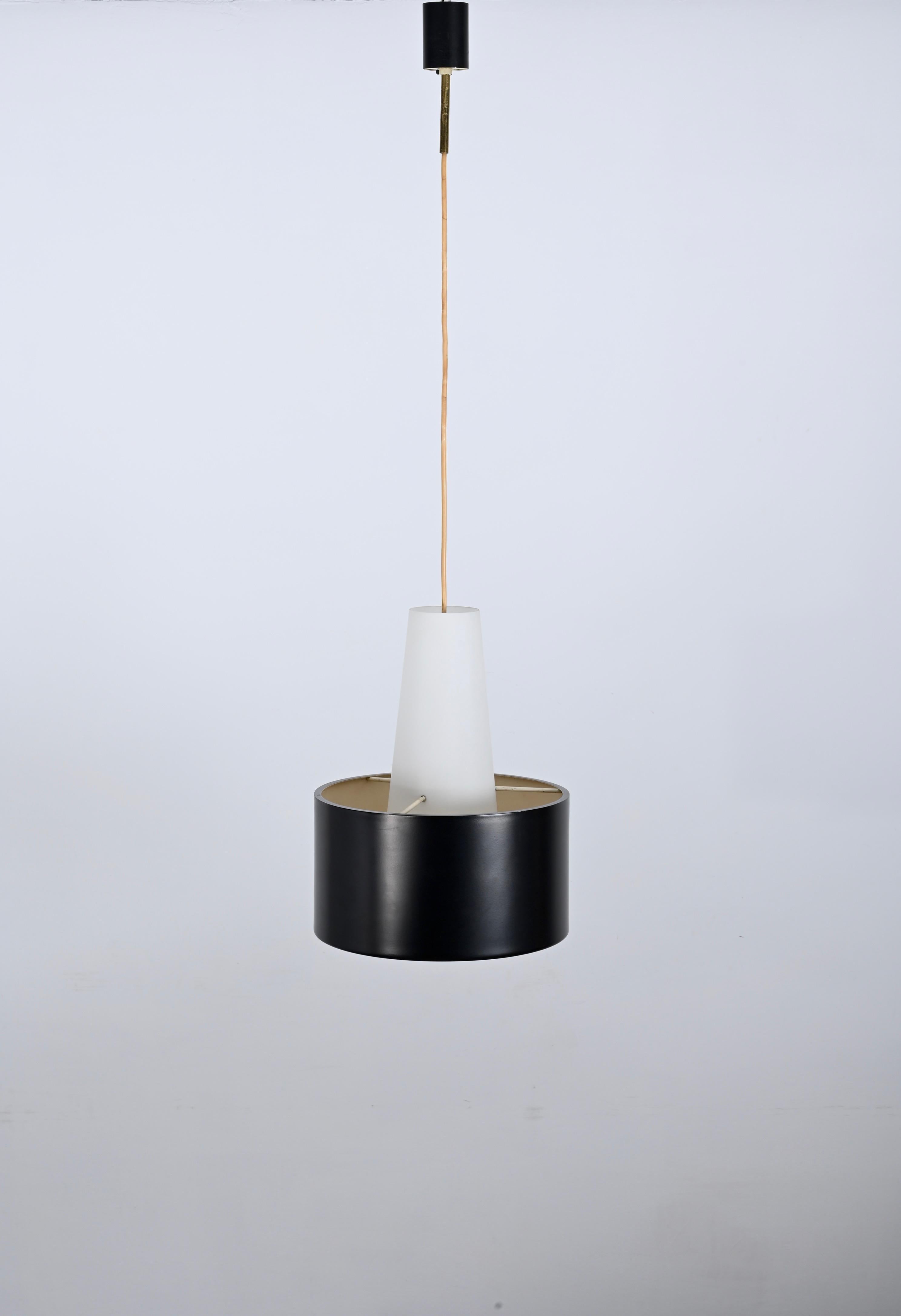 Mid-Century Modern Stilnovo Opal Glass and Black Metal Pendant Lamp, Italian Lighting 1950s