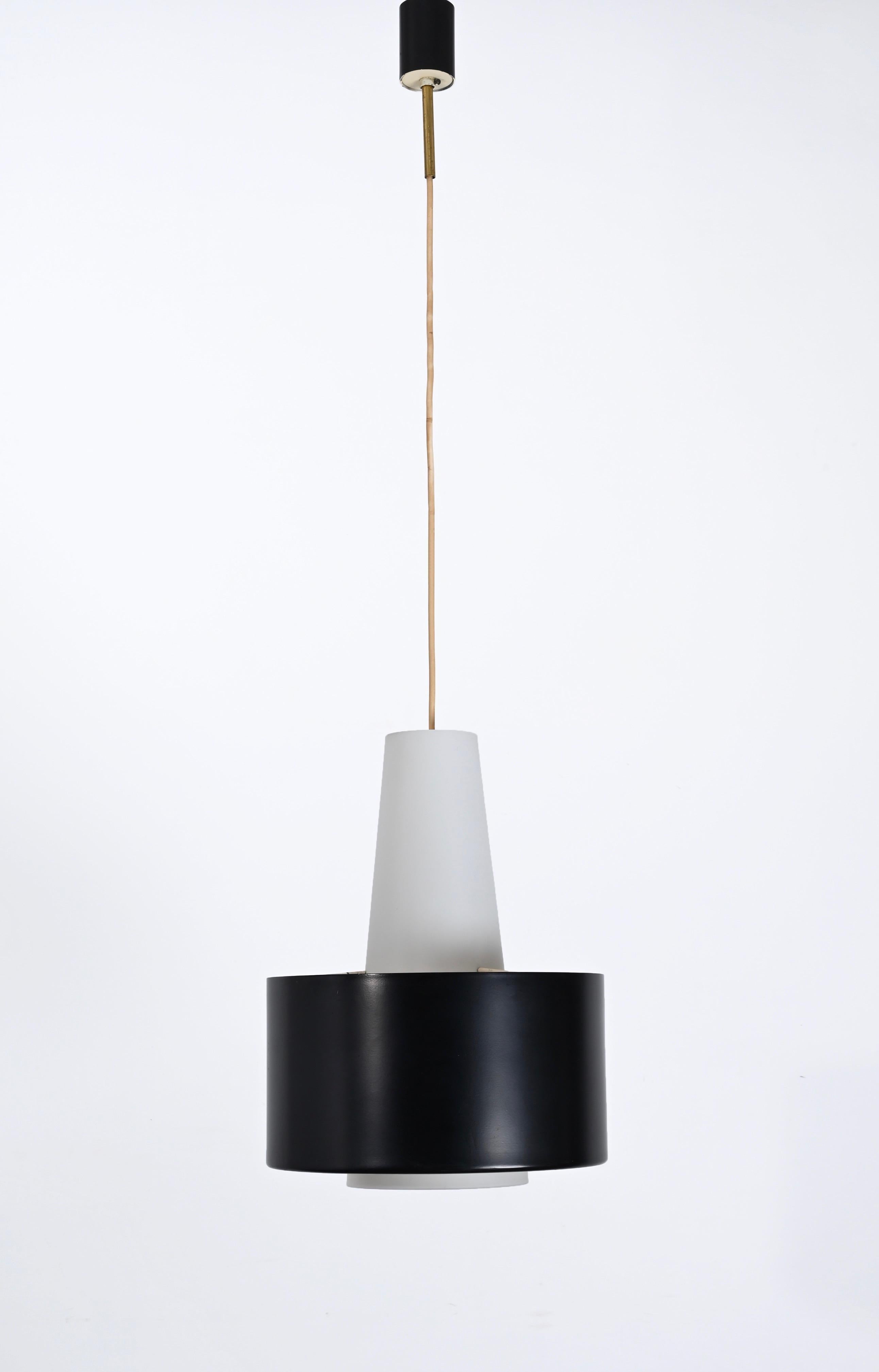 Stilnovo Opal Glass and Black Metal Pendant Lamp, Italian Lighting 1950s 1