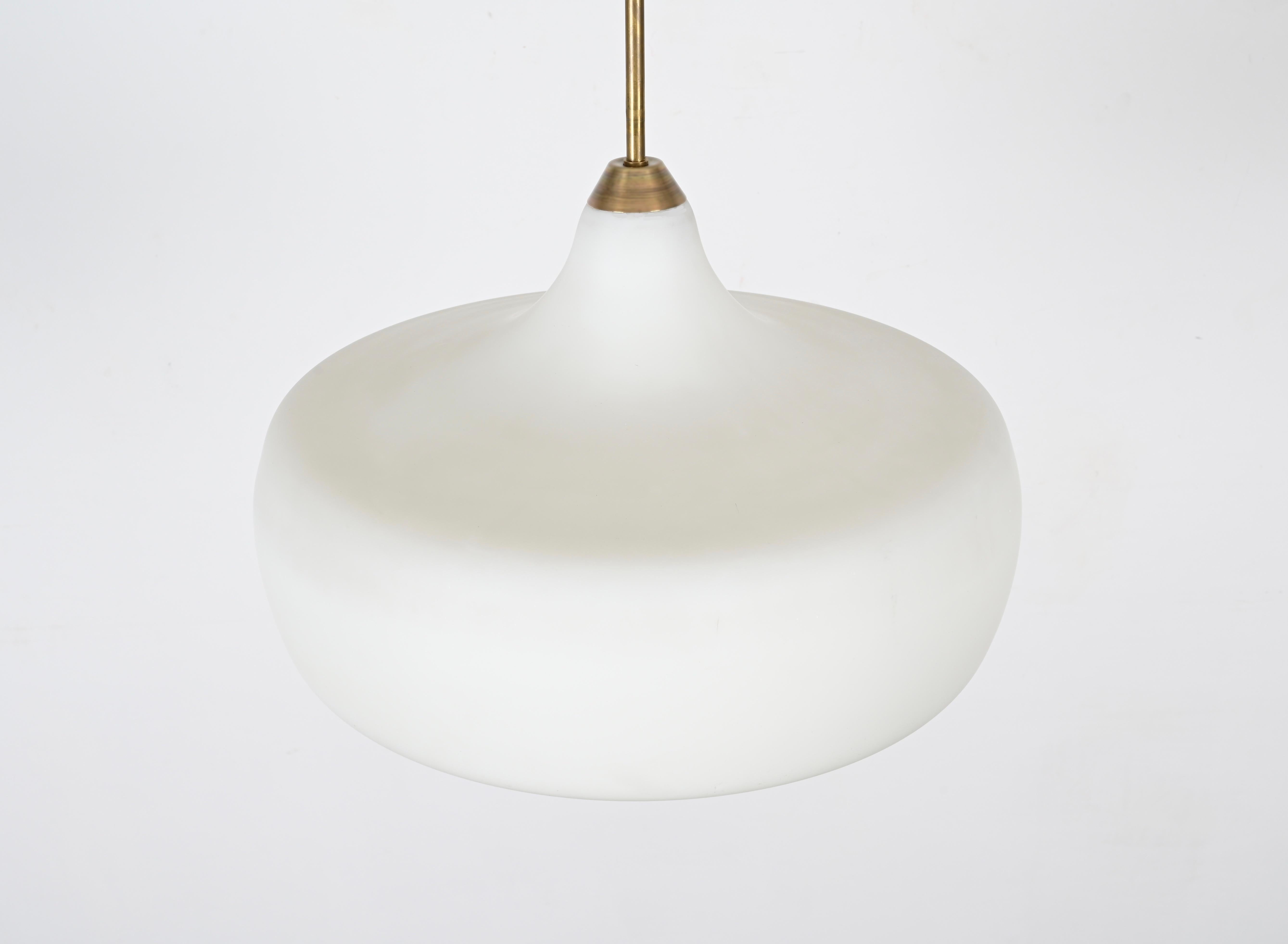 Stilnovo Opal Glass and Brass Chandelier Ceiling Lamp, Italian Lighting 1960s For Sale 4