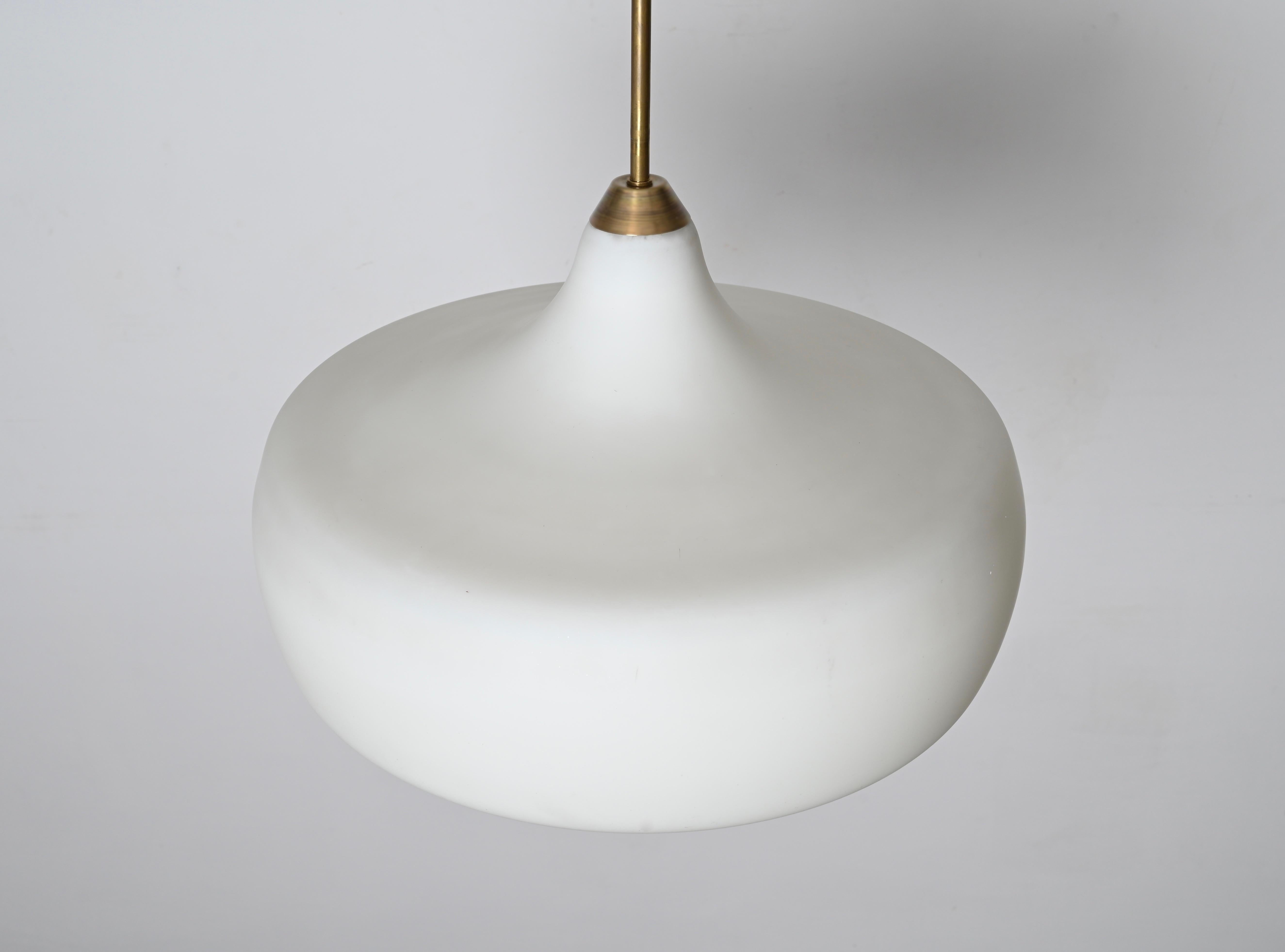 Stilnovo Opal Glass and Brass Chandelier Ceiling Lamp, Italian Lighting 1960s For Sale 6