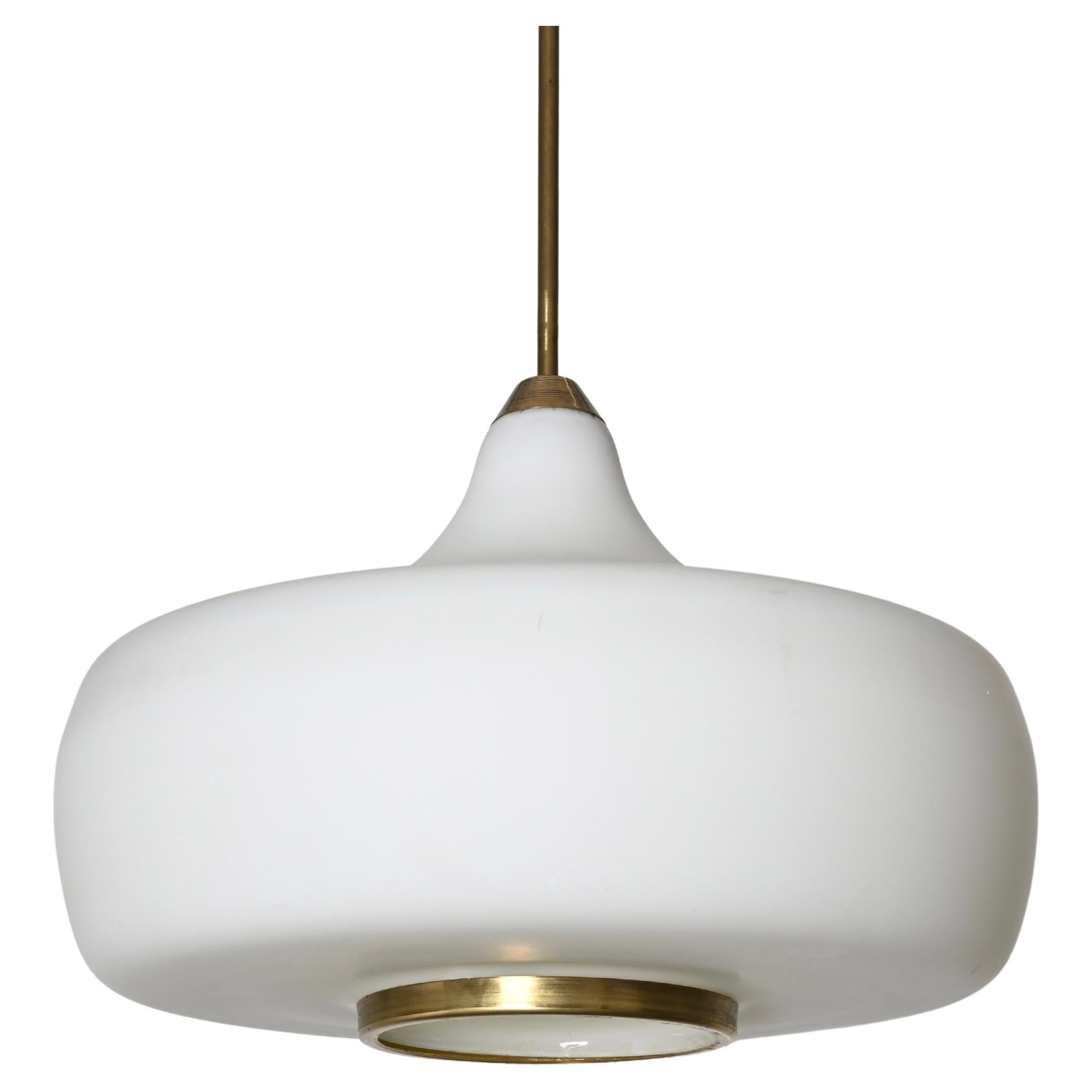 Mid-Century Modern Stilnovo Opal Glass and Brass Chandelier Ceiling Lamp, Italian Lighting 1960s For Sale