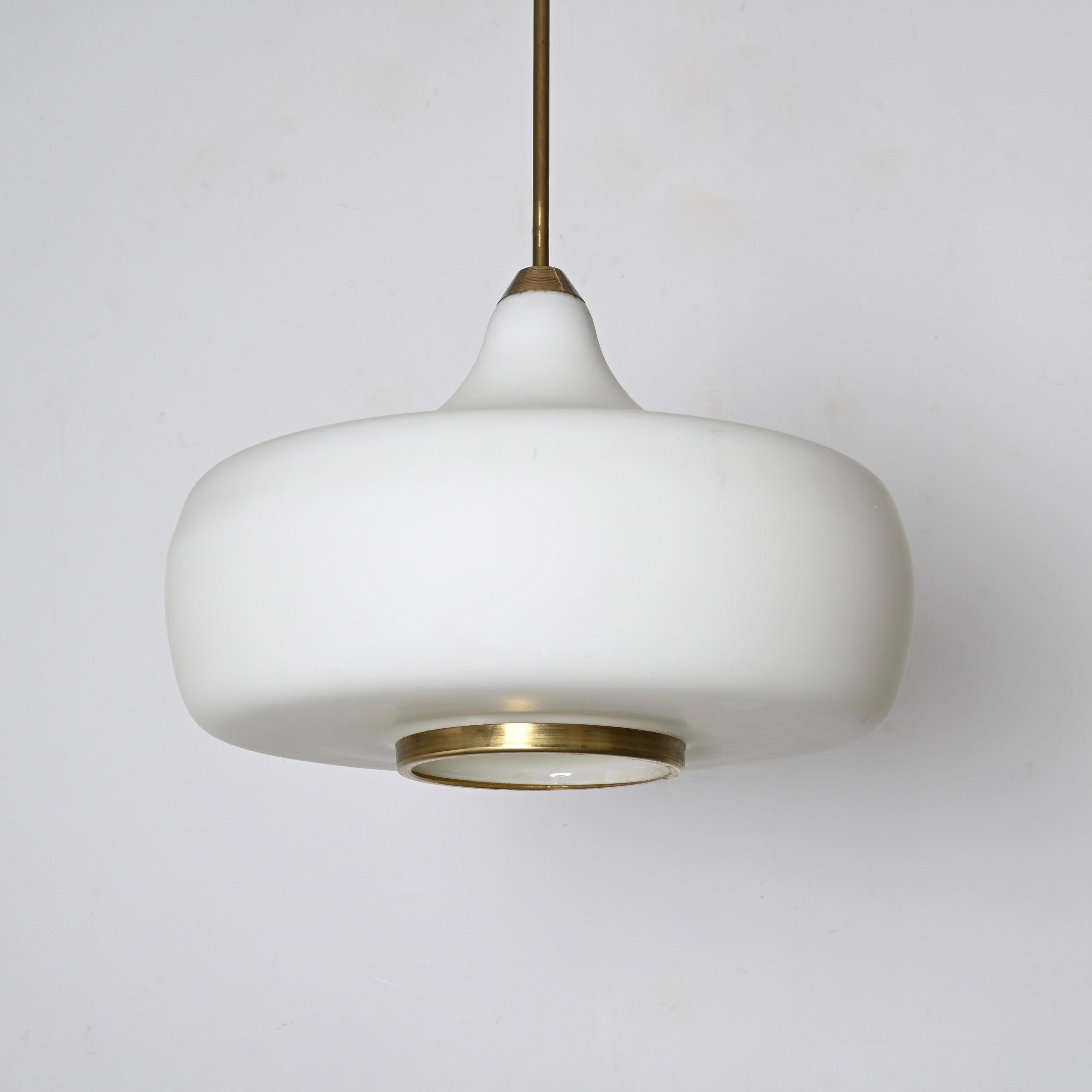 Enameled Stilnovo Opal Glass and Brass Chandelier Ceiling Lamp, Italian Lighting 1960s For Sale