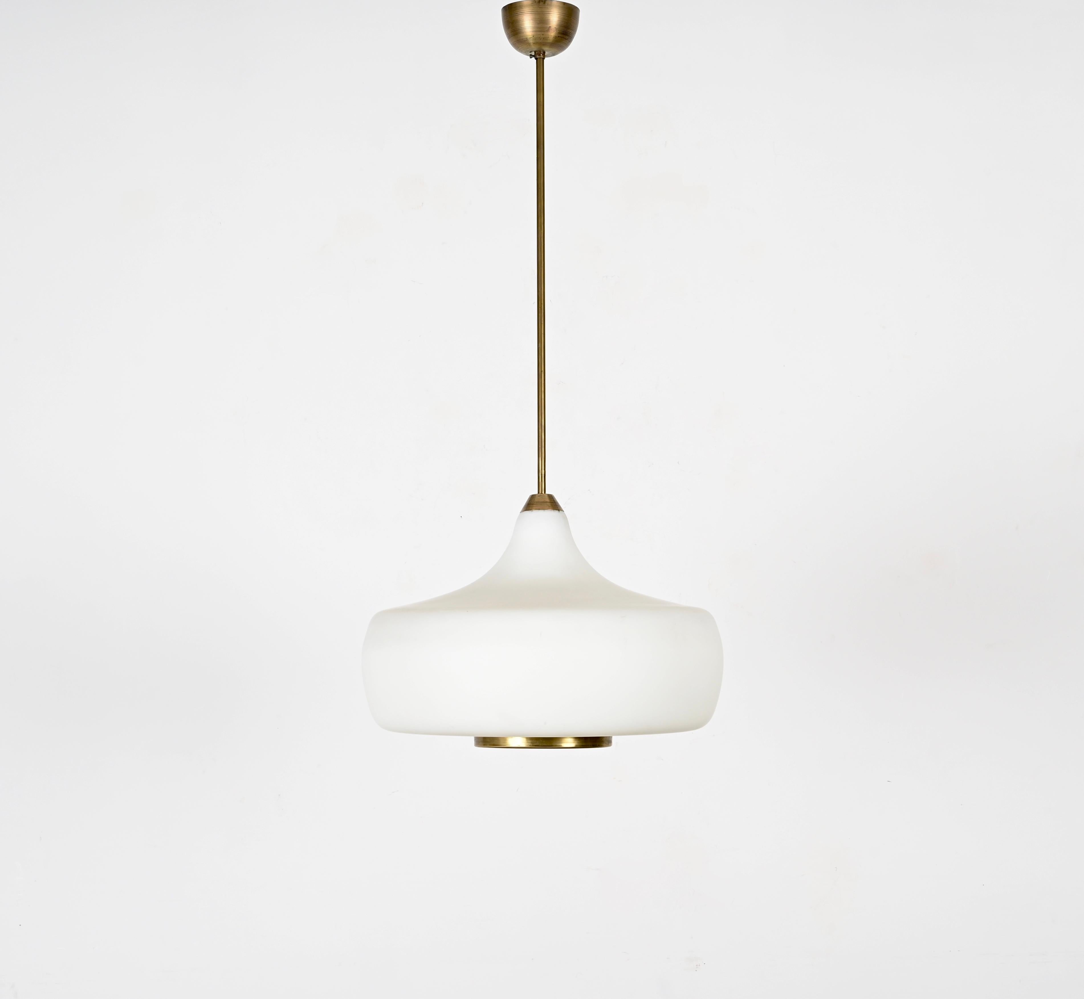 20th Century Stilnovo Opal Glass and Brass Chandelier Ceiling Lamp, Italian Lighting 1960s For Sale