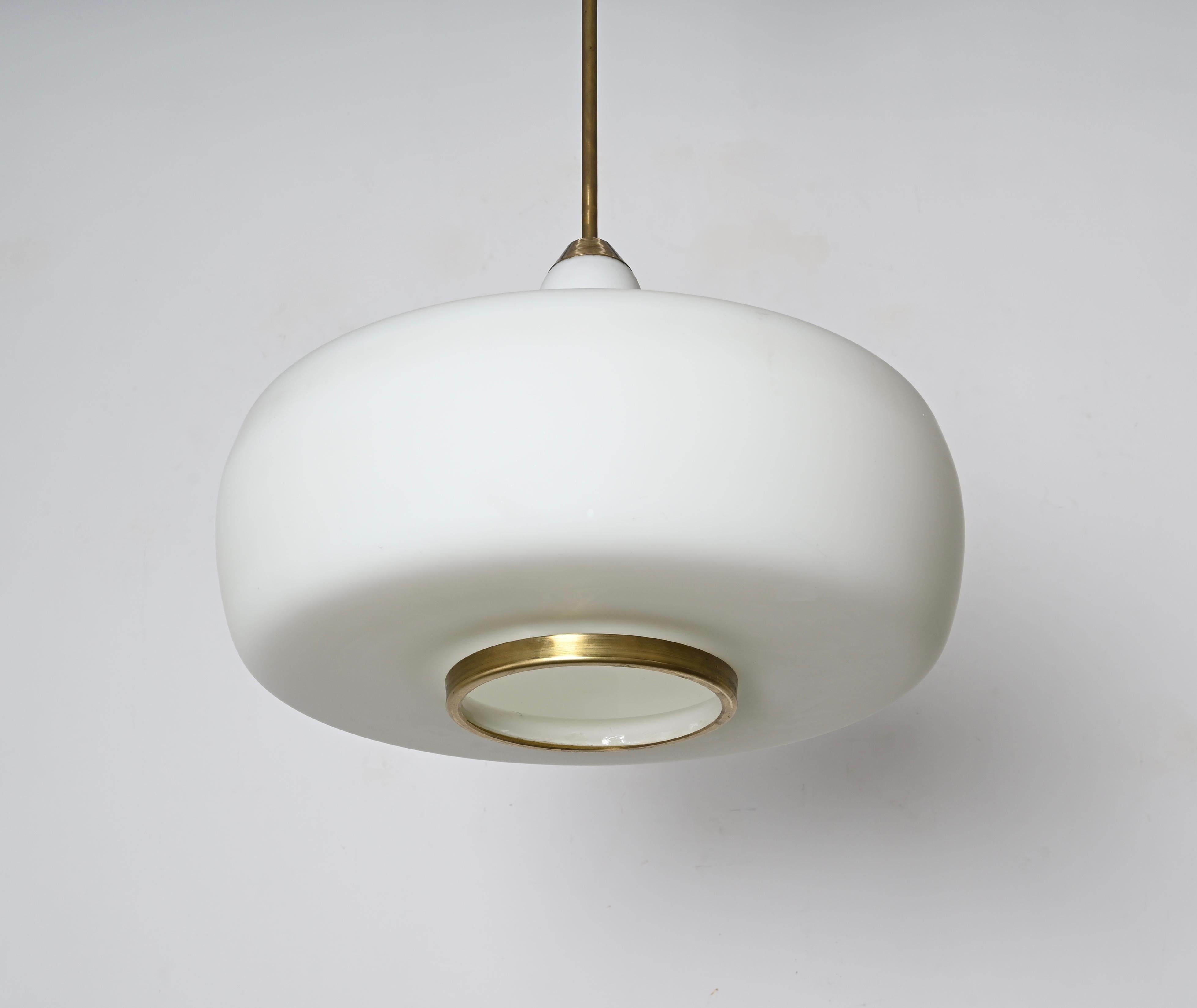 Stilnovo Opal Glass and Brass Chandelier Ceiling Lamp, Italian Lighting 1960s For Sale 1