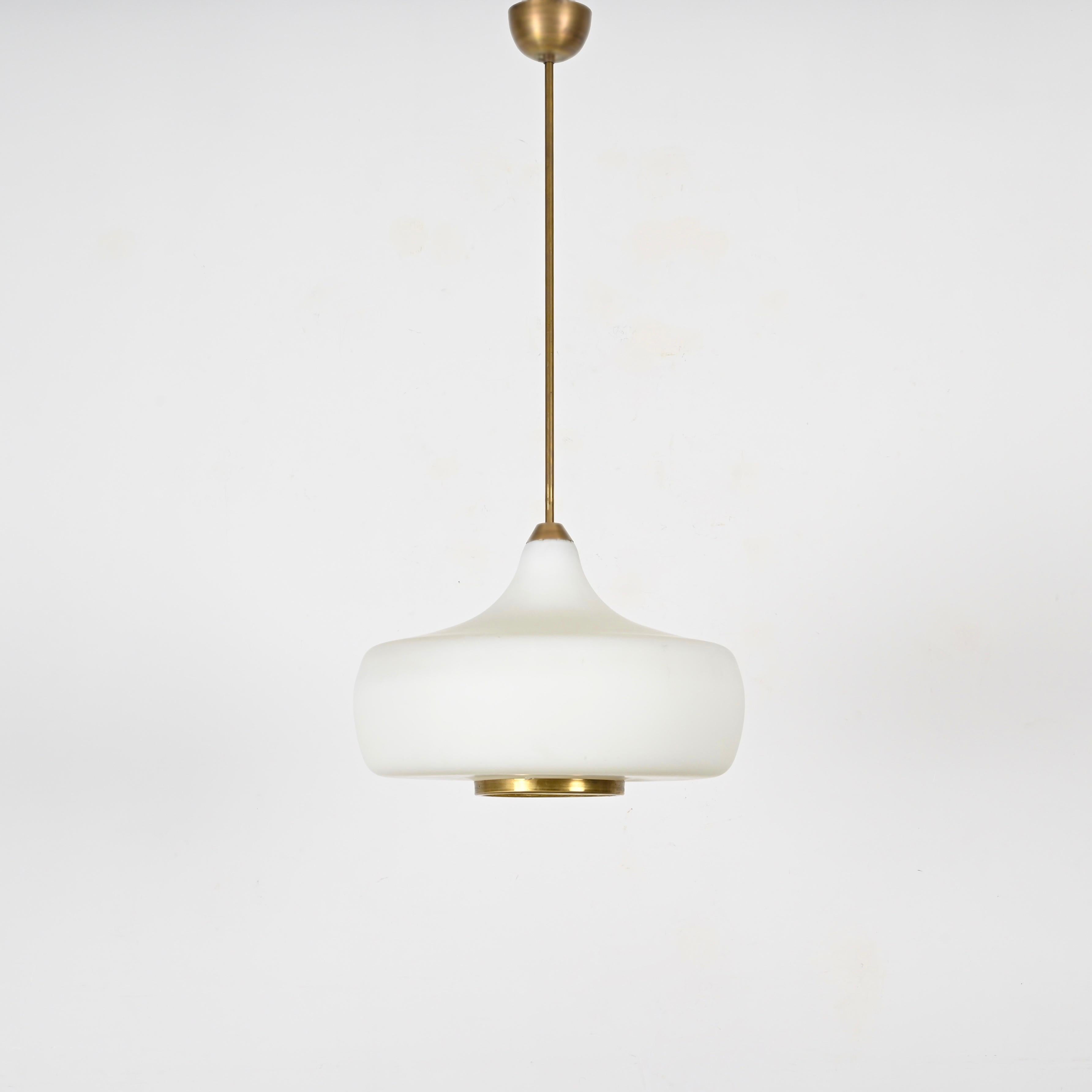 Stilnovo Opal Glass and Brass Chandelier Ceiling Lamp, Italian Lighting 1960s For Sale 2