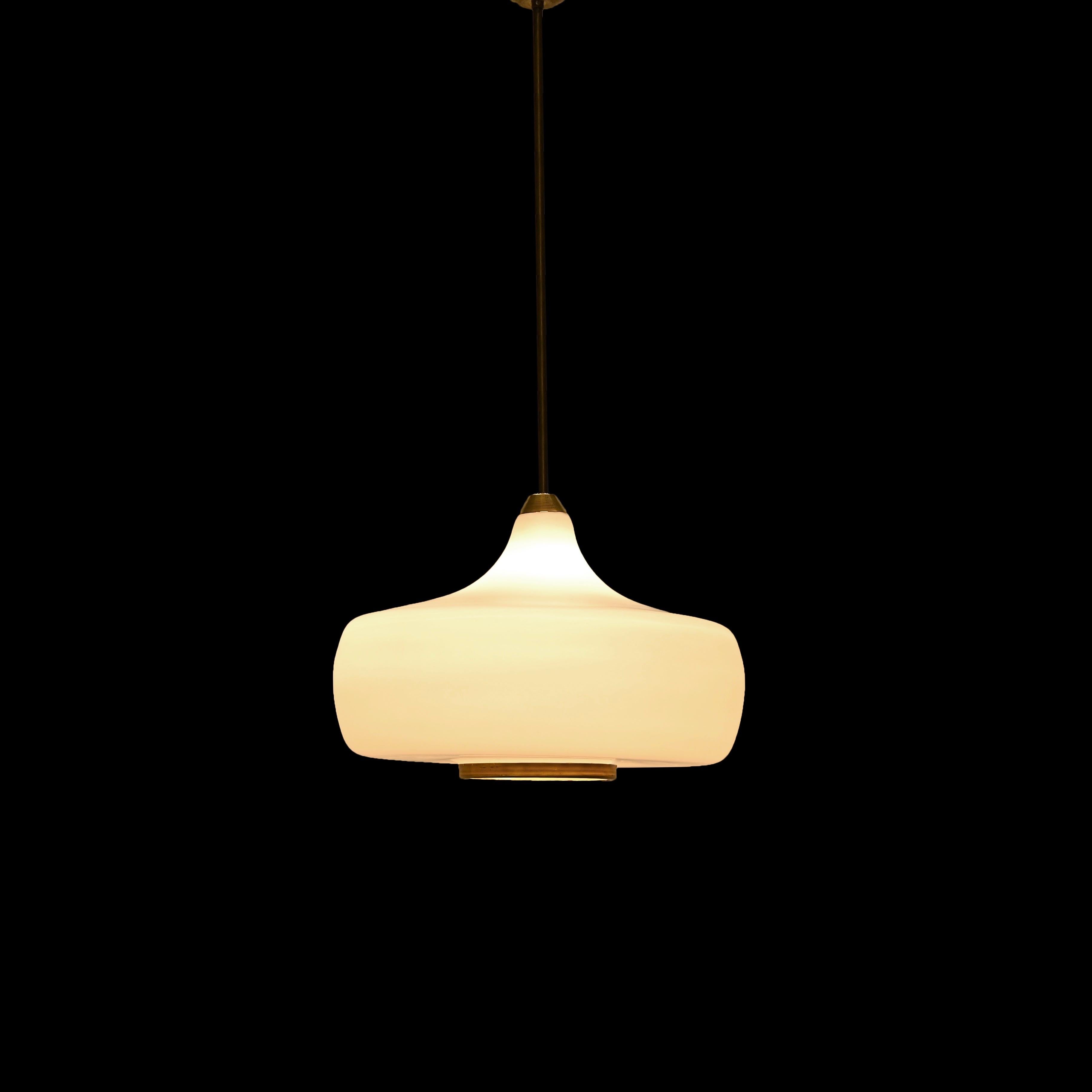 Stilnovo Opal Glass and Brass Chandelier Ceiling Lamp, Italian Lighting 1960s For Sale 3