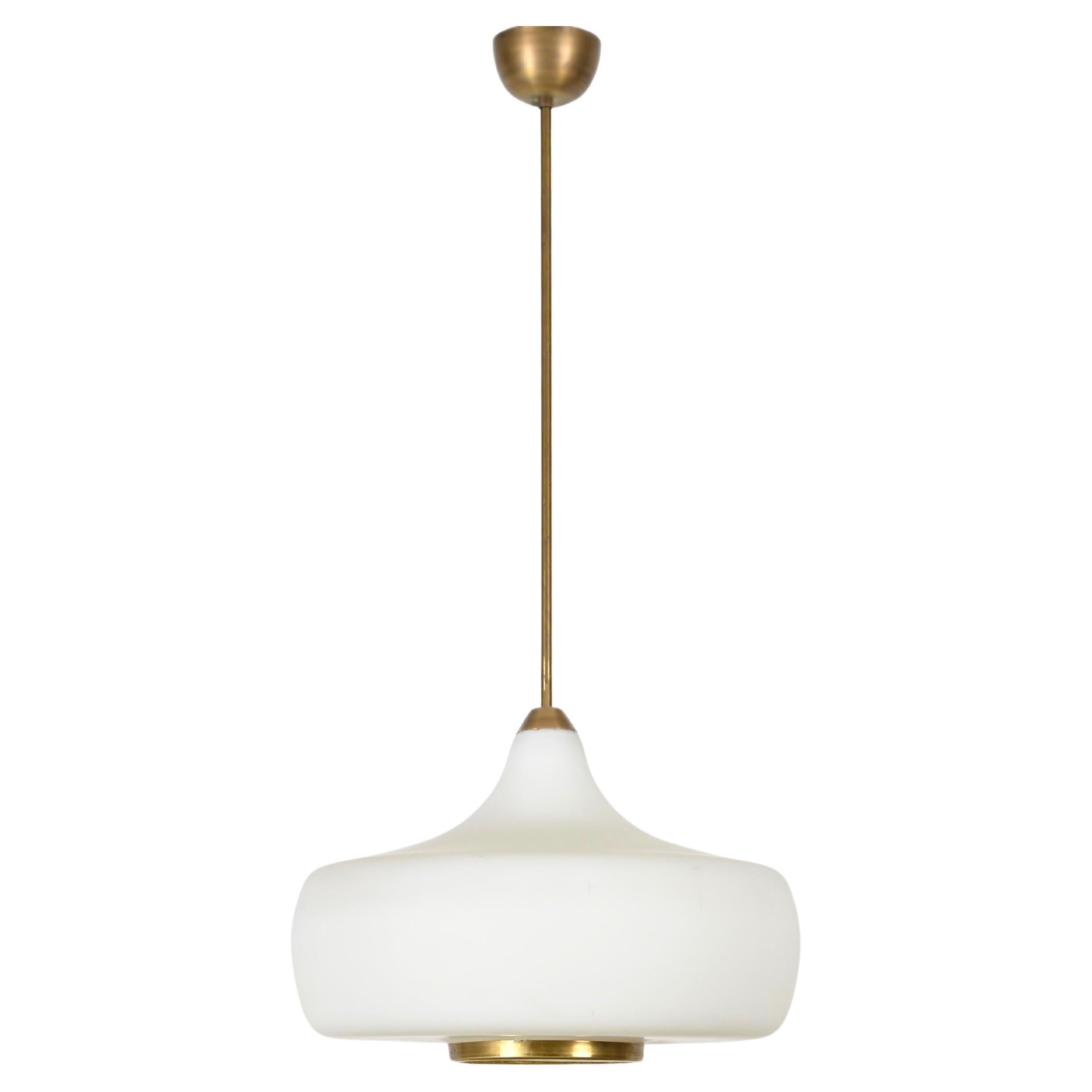 Stilnovo Opal Glass and Brass Chandelier Ceiling Lamp, Italian Lighting 1960s For Sale