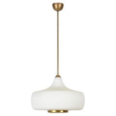 Vintage Stilnovo Opal Glass and Brass Chandelier Ceiling Lamp, Italian Lighting 1960s