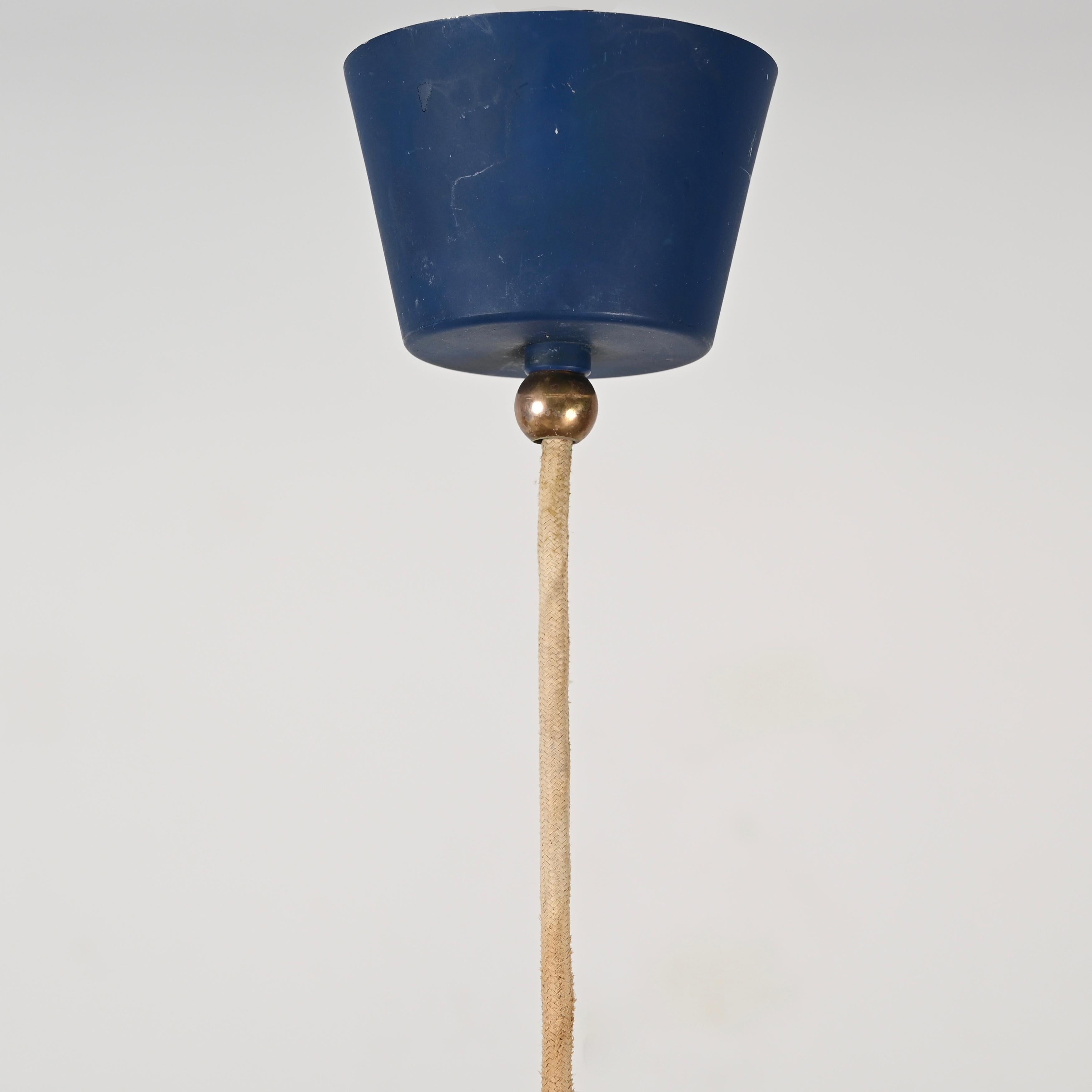 Stilnovo Opal Glass, Brass and Blue Metal Pendant Lamp, Italian Lighting 1950s For Sale 1