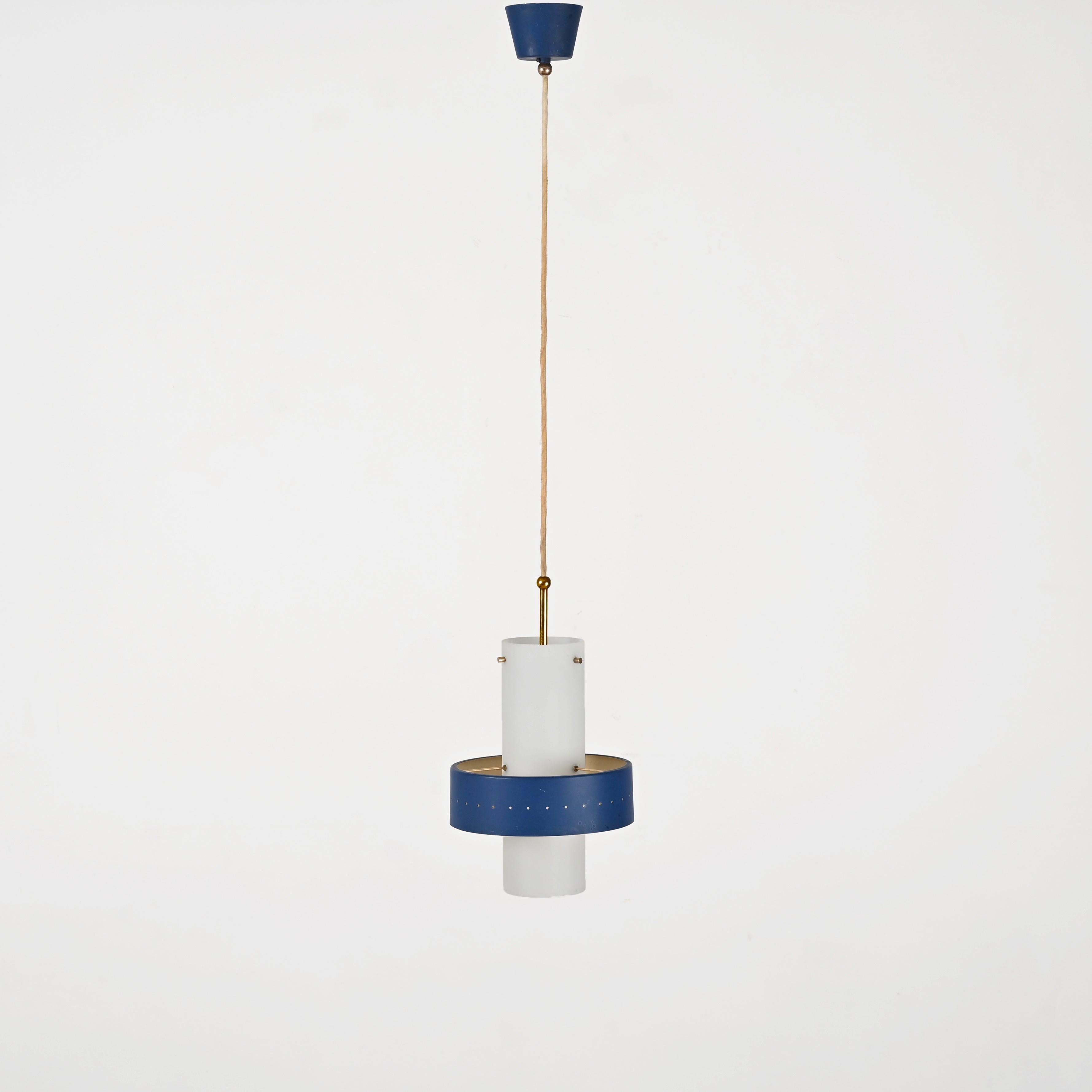 Stilnovo Opal Glass, Brass and Blue Metal Pendant Lamp, Italian Lighting 1950s For Sale 3