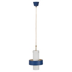 Retro Stilnovo Opal Glass, Brass and Blue Metal Pendant Lamp, Italian Lighting 1950s