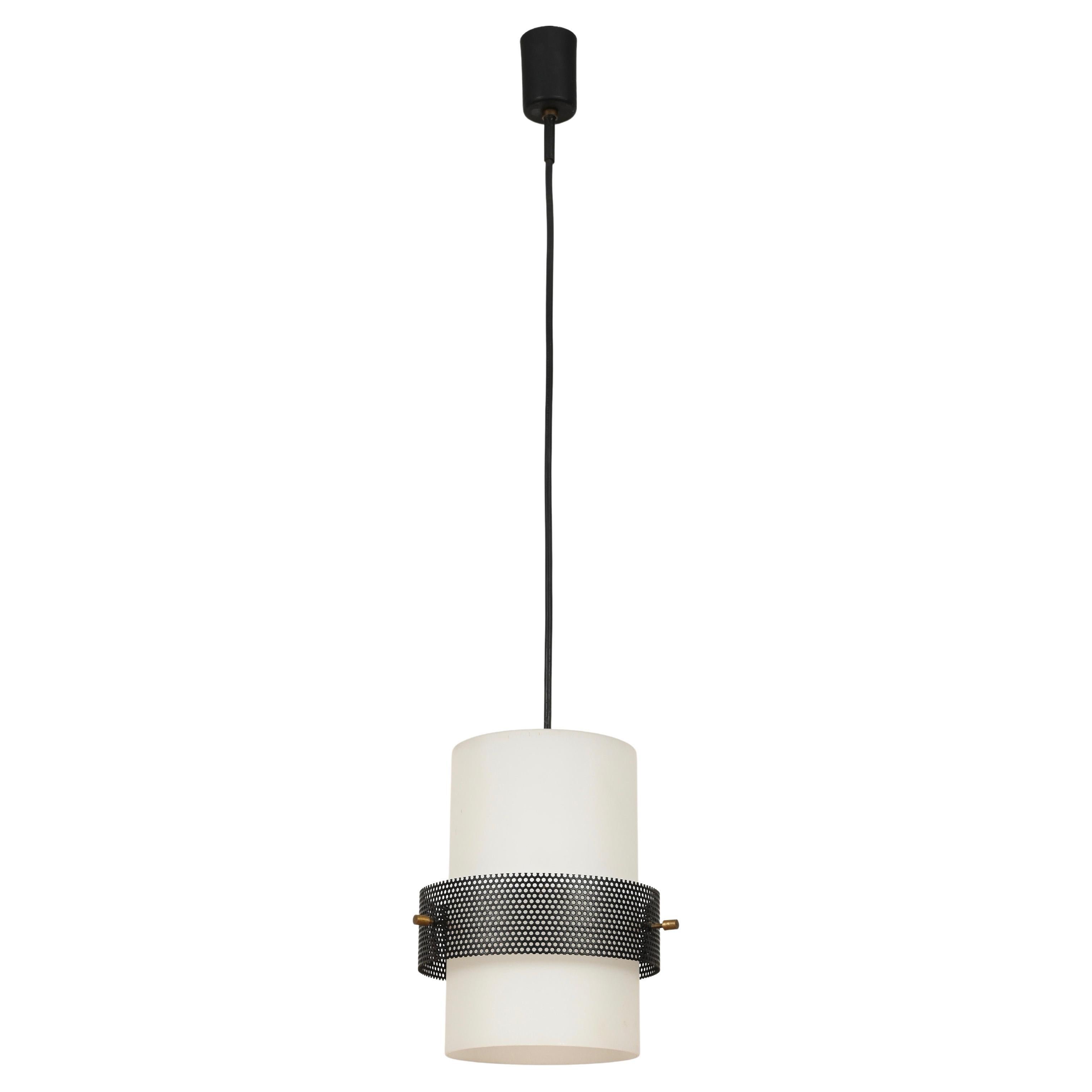 Stilnovo Opal Glass, Brass and Metal Pendant Light, Italy 1950s