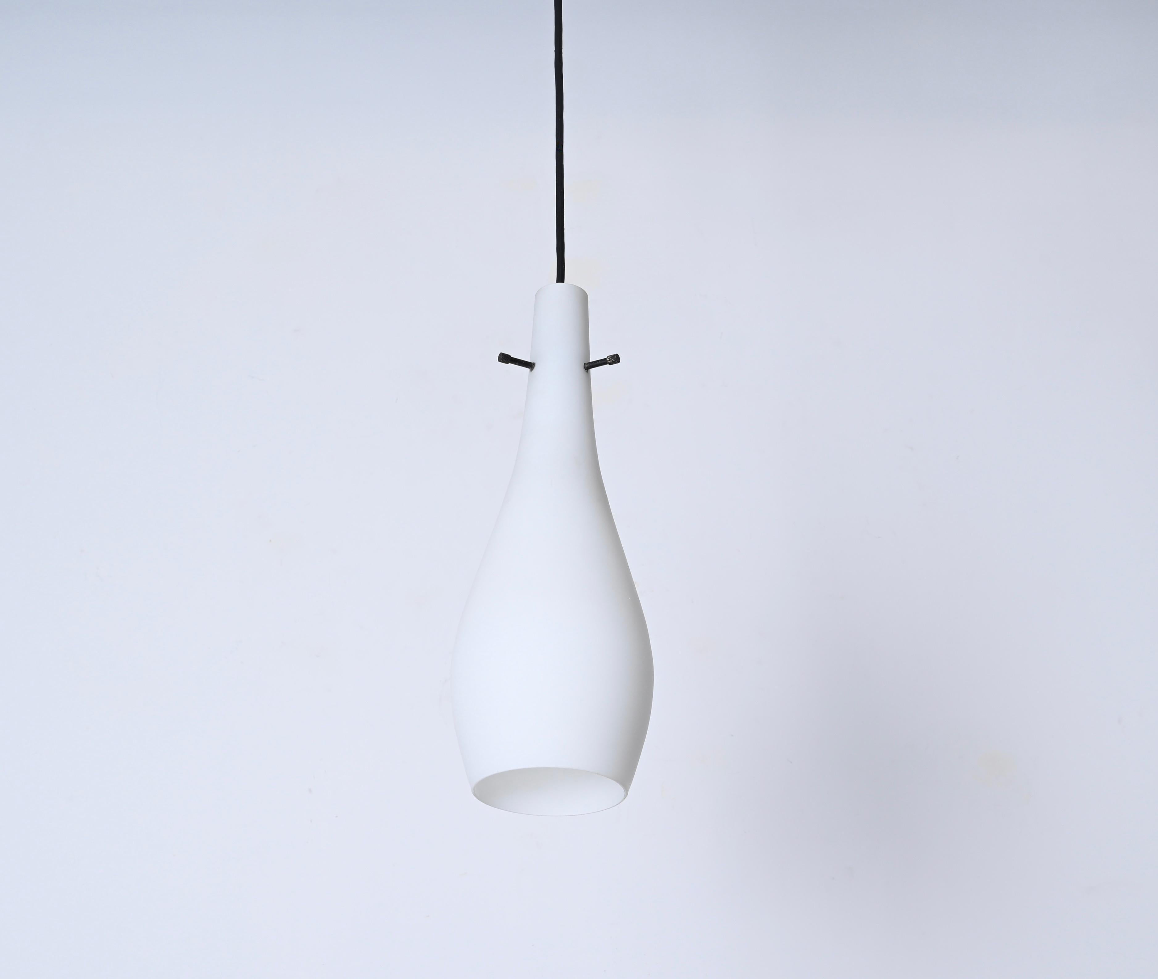 Metal Stilnovo Opaline Glass Pendant Lamp, Italian Lighting 1950s