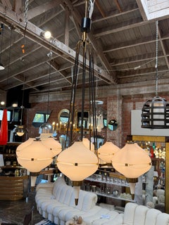 Stilnovo Opaline Glass Chandelier with Brass & Black Accents 1950's