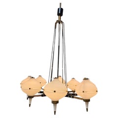 Stilnovo Opaline Glass Chandelier with Brass & Black Accents 1950's